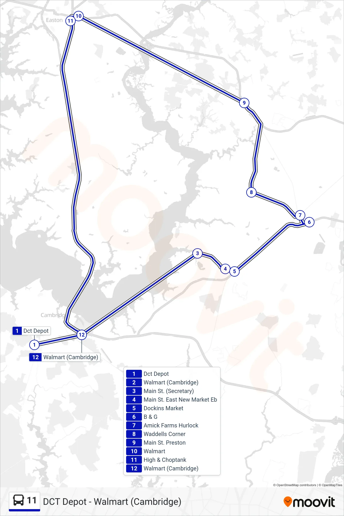11 bus Line (Walmart (Cambridge)) route and stops on a map