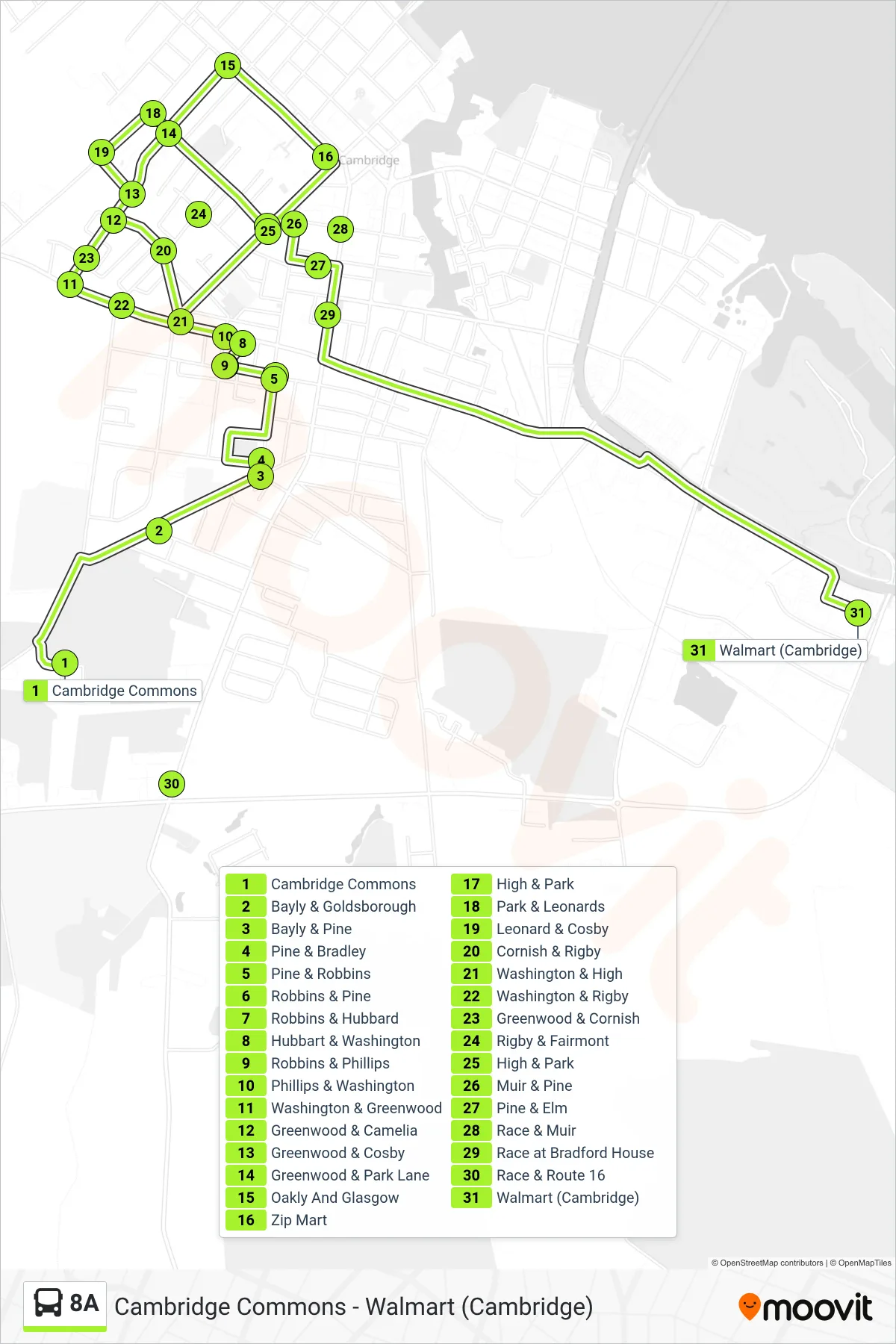 8A bus Line (Walmart (Cambridge)) route and stops on a map
