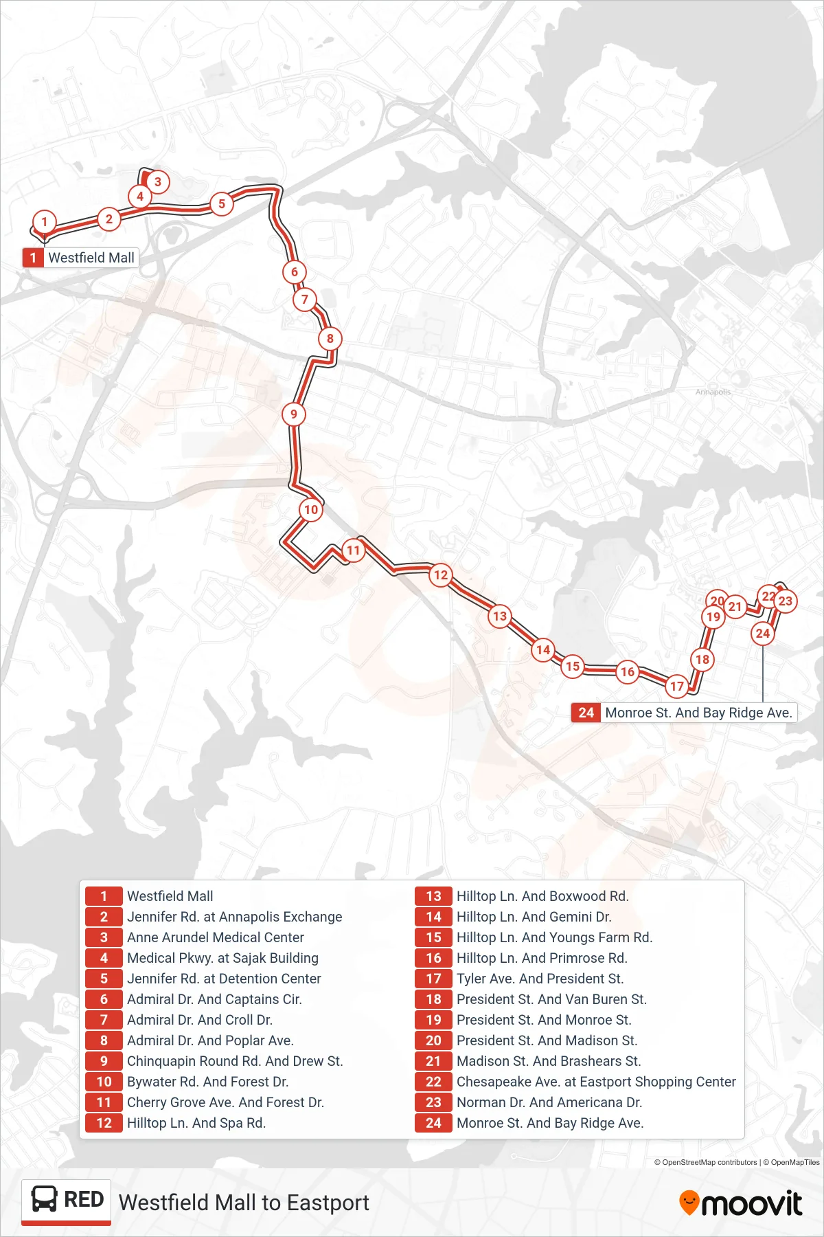 RED bus Line (Eastport) route and stops on a map
