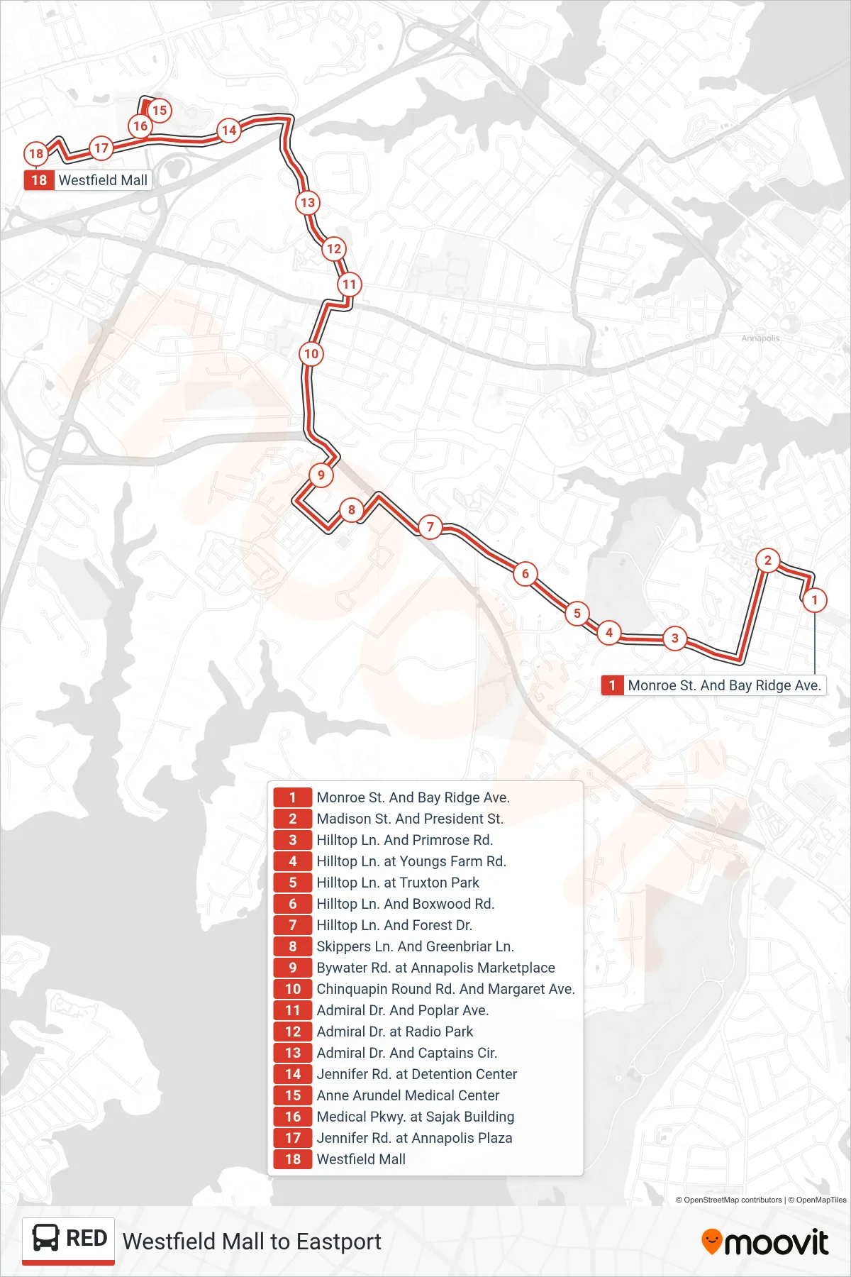 RED bus Line (Westfield Mall) route and stops on a map