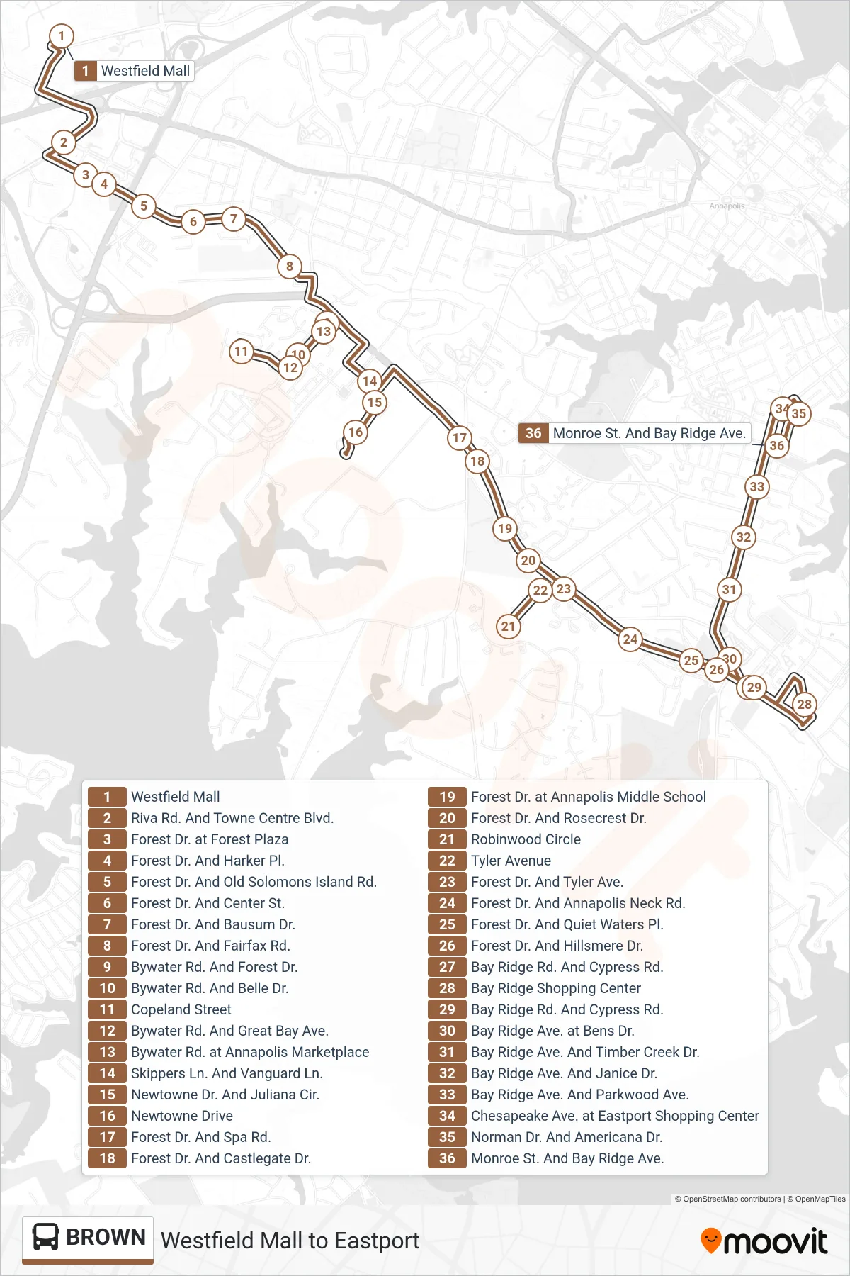 BROWN bus Line (Eastport) route and stops on a map