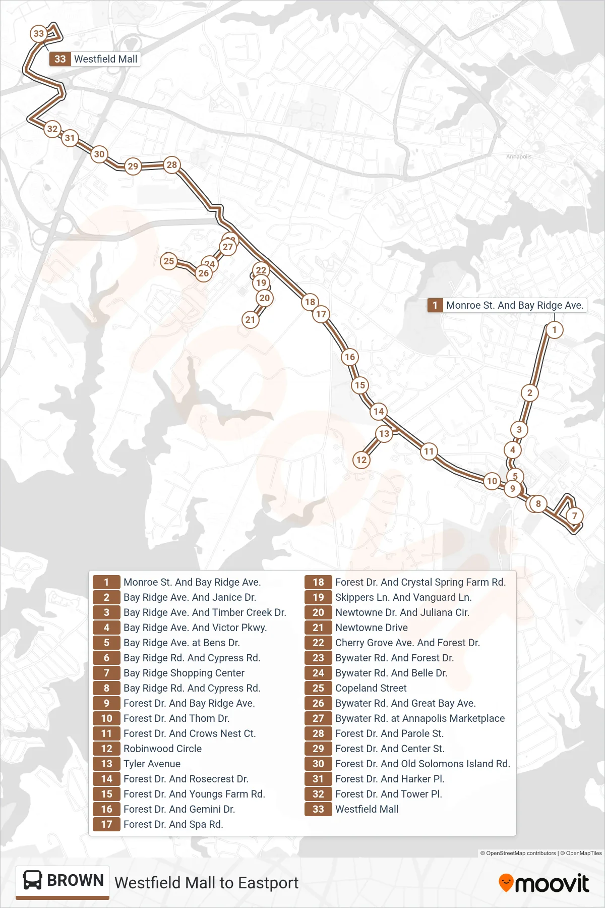 BROWN bus Line (Westfield Mall) route and stops on a map