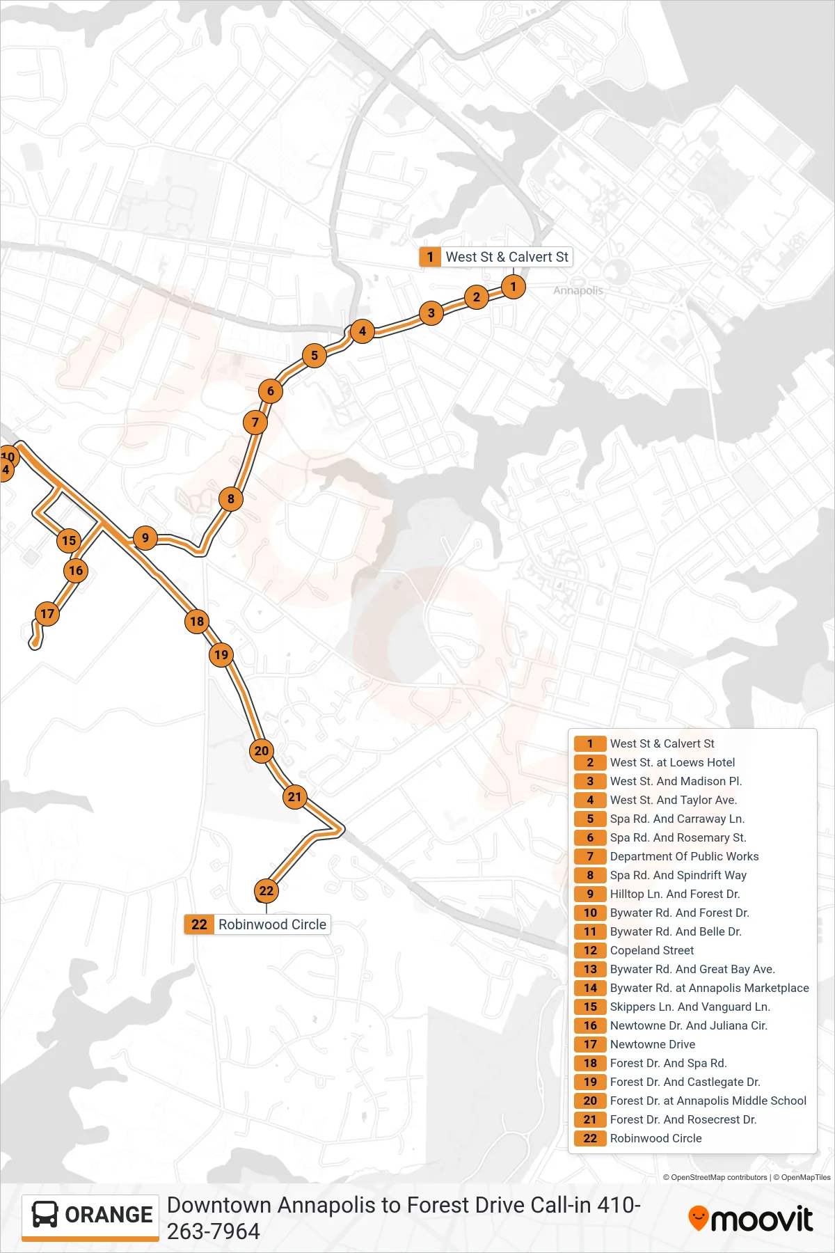 ORANGE bus Line (Forest Drive) route and stops on a map