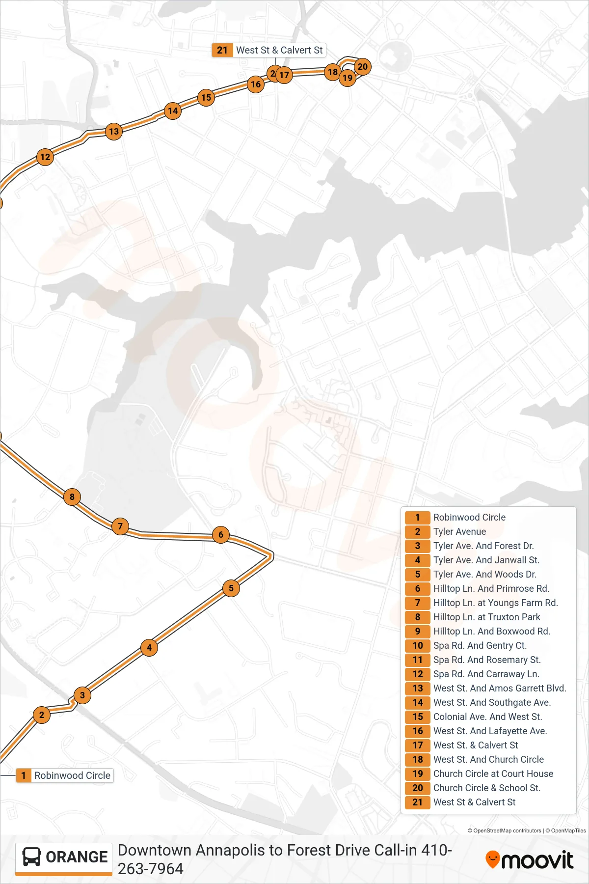 ORANGE bus Line (Downtown Annapolis) route and stops on a map