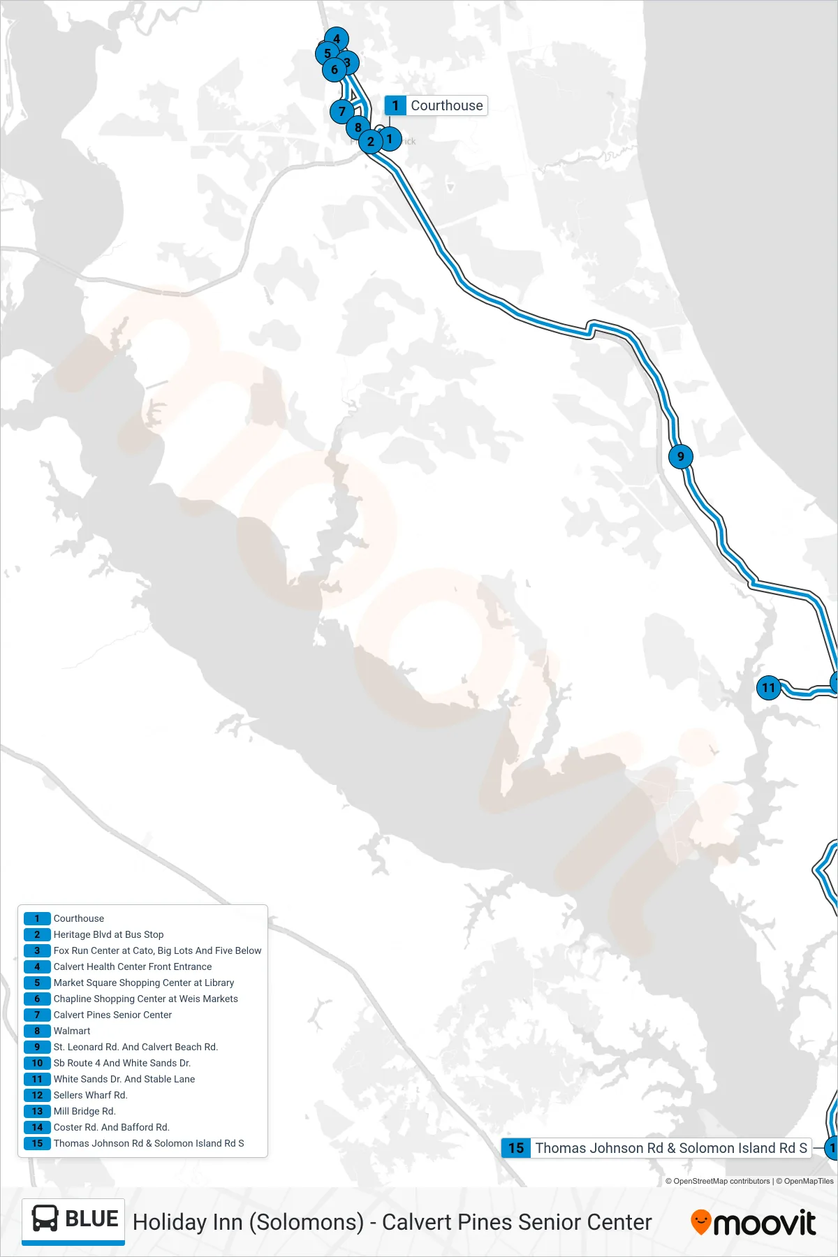 BLUE bus Line (Solomons) route and stops on a map