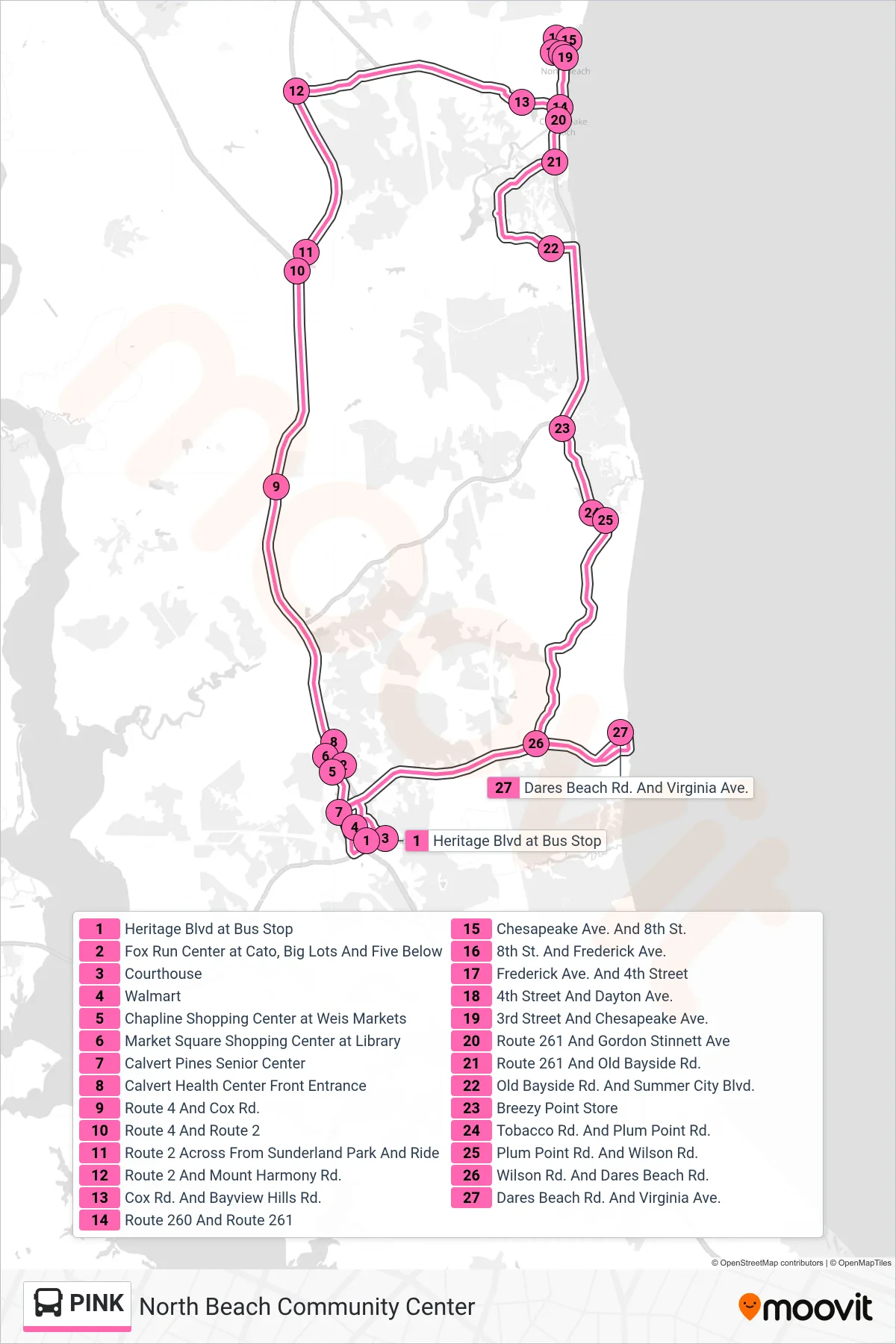 PINK bus Line (North Beach Community Center) route and stops on a map