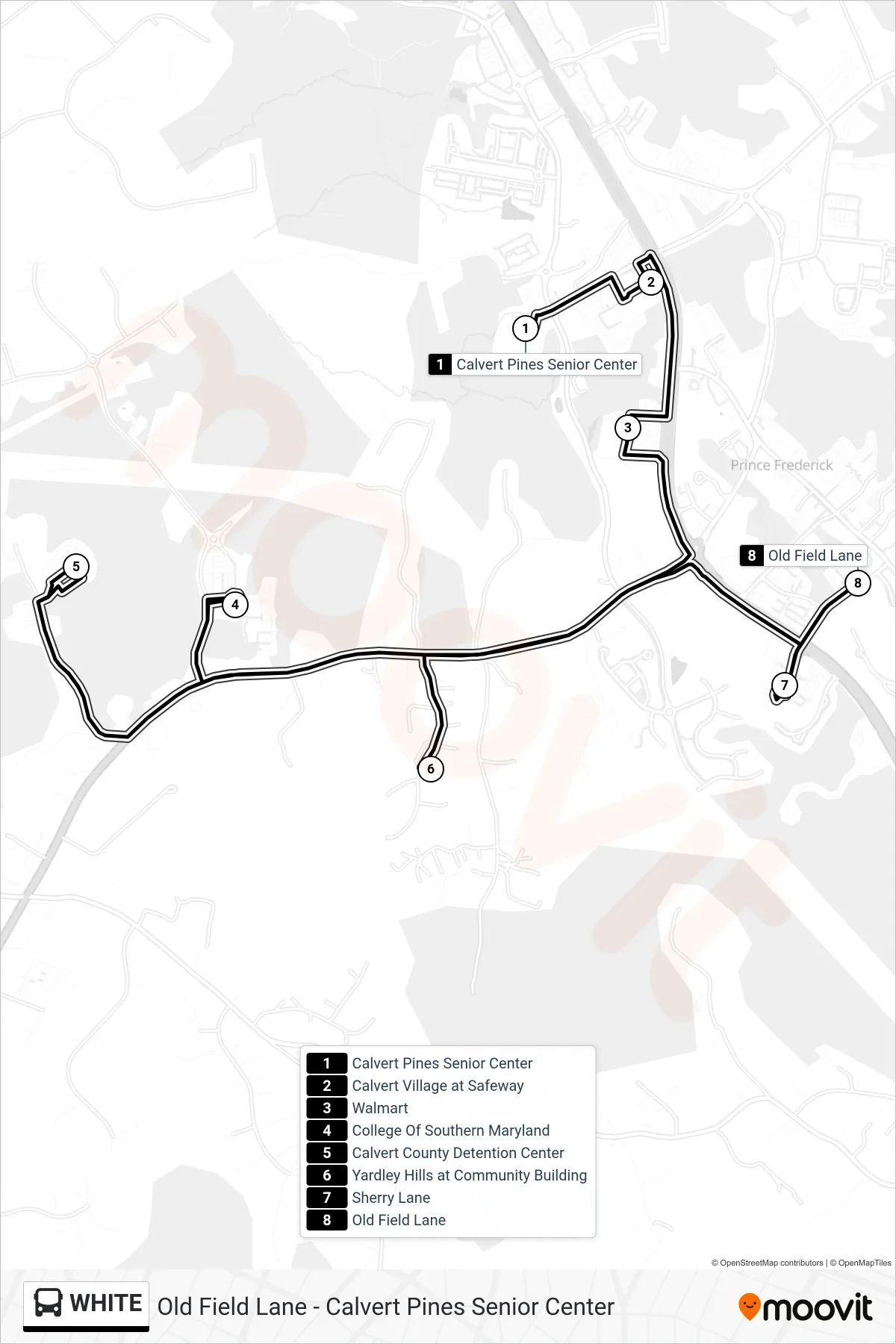 WHITE bus Line (Courthouse) route and stops on a map
