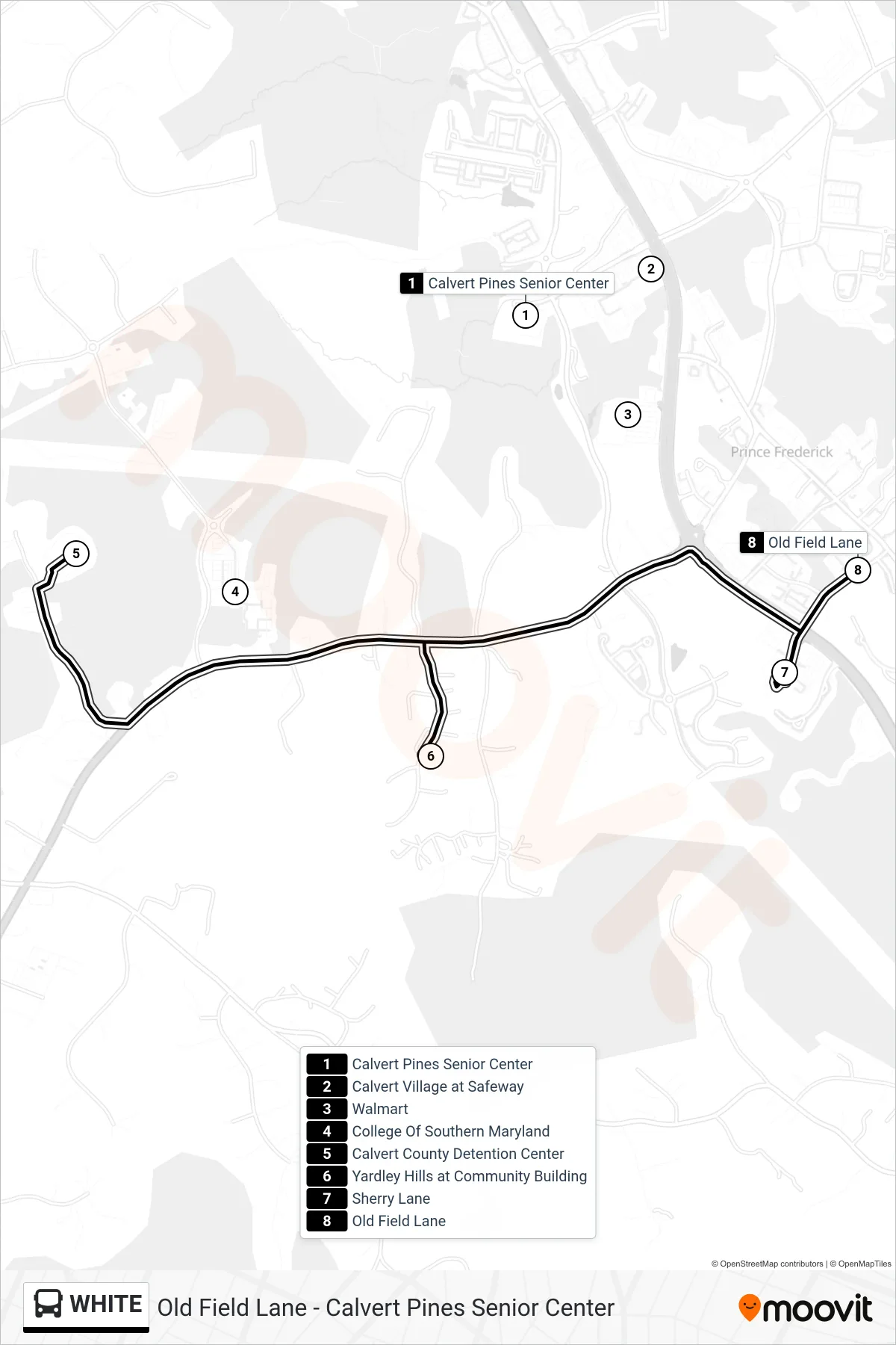 WHITE bus Line (Courthouse) route and stops on a map