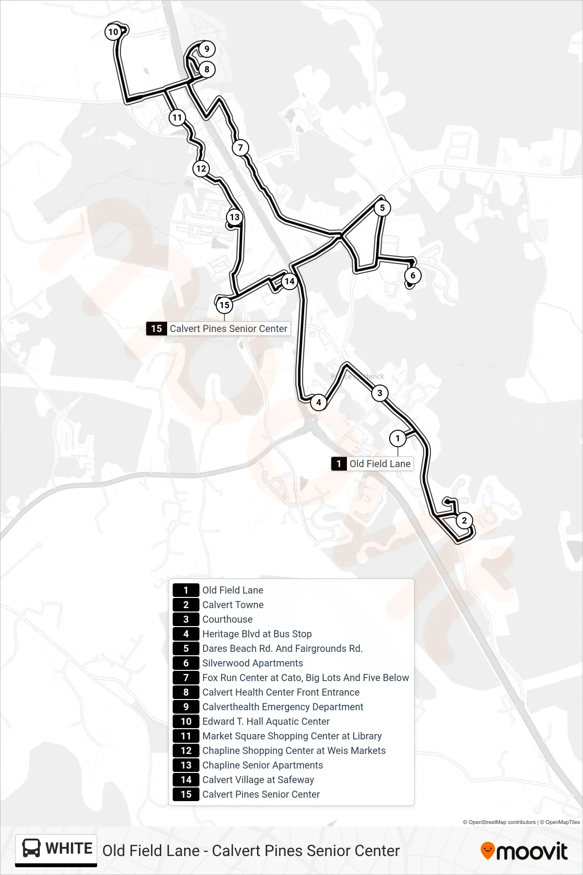 WHITE bus Line (Calvert Pines Senior Center) route and stops on a map