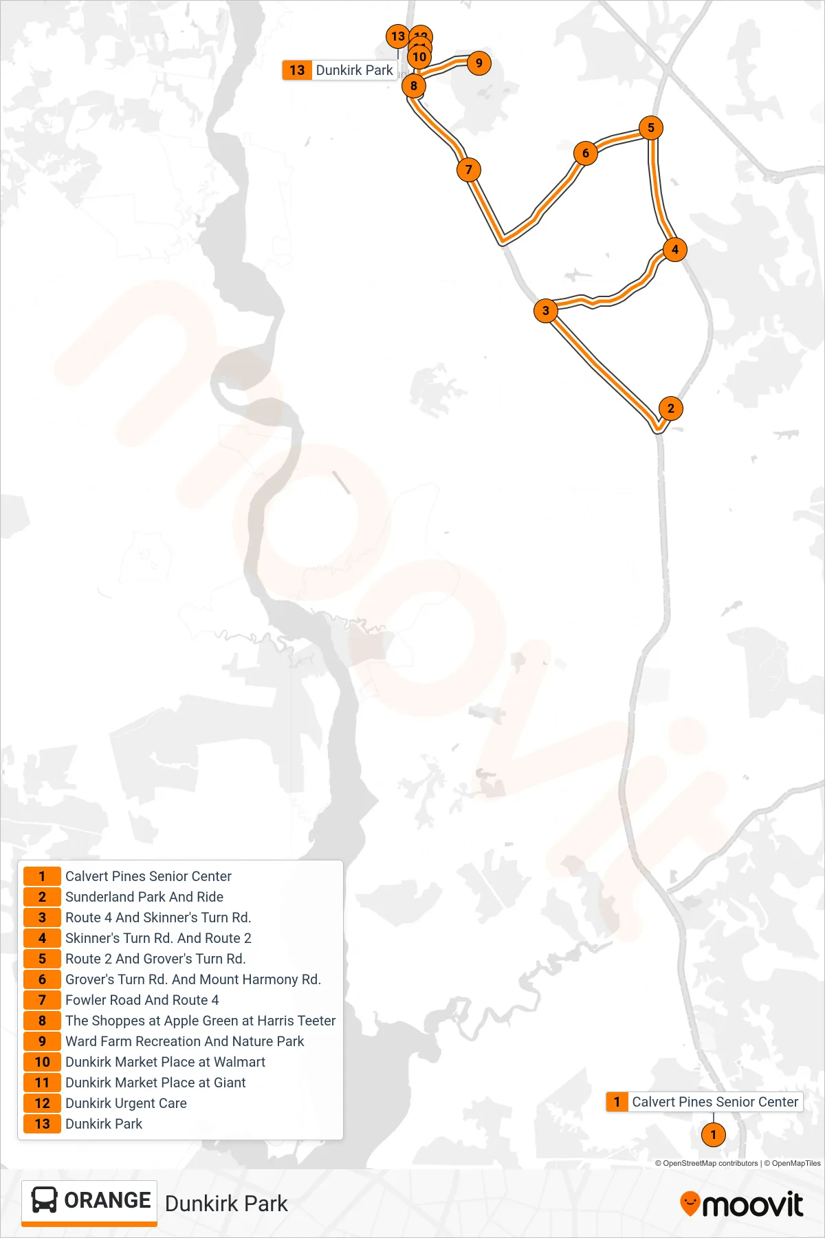 ORANGE bus Line (Dunkirk Park) route and stops on a map