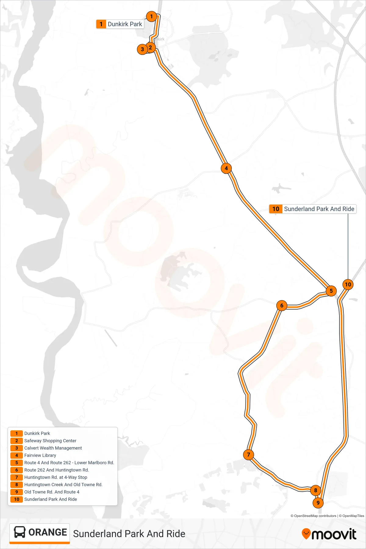 ORANGE bus Line (Sunderland Park And Ride) route and stops on a map