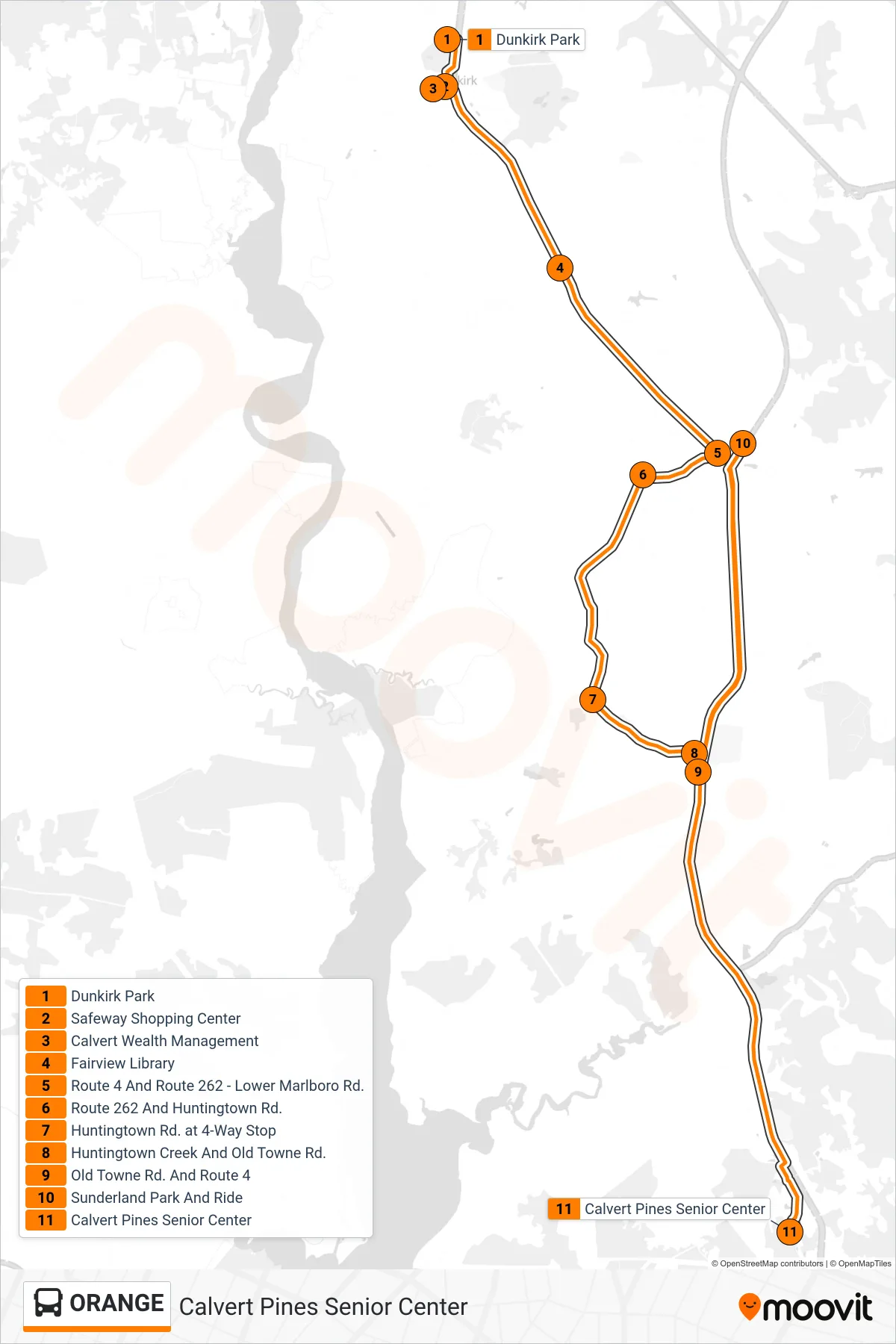 ORANGE bus Line (Calvert Pines Senior Center) route and stops on a map