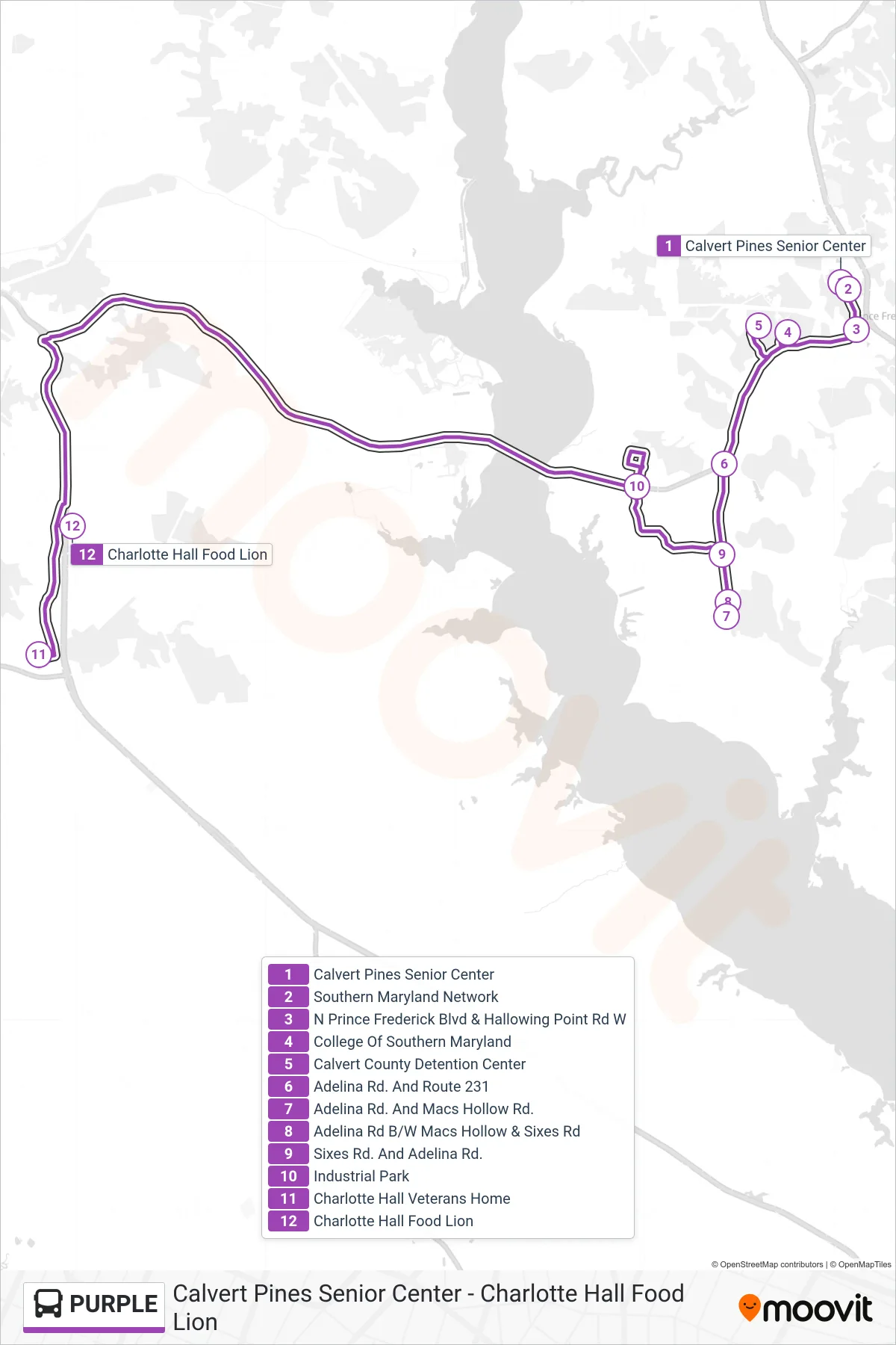 PURPLE bus Line (Charlotte Hall Food Lion) route and stops on a map
