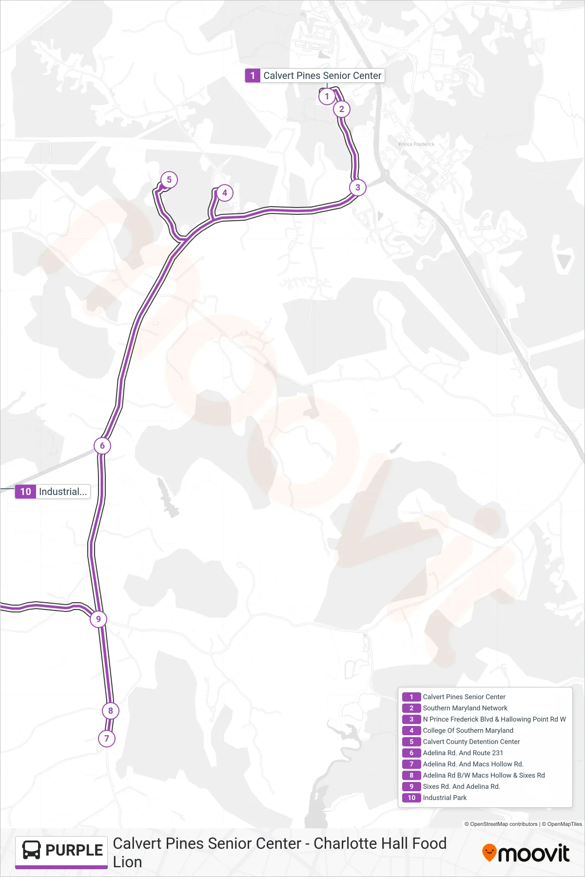 PURPLE bus Line (Calvert County Industrial Park) route and stops on a map