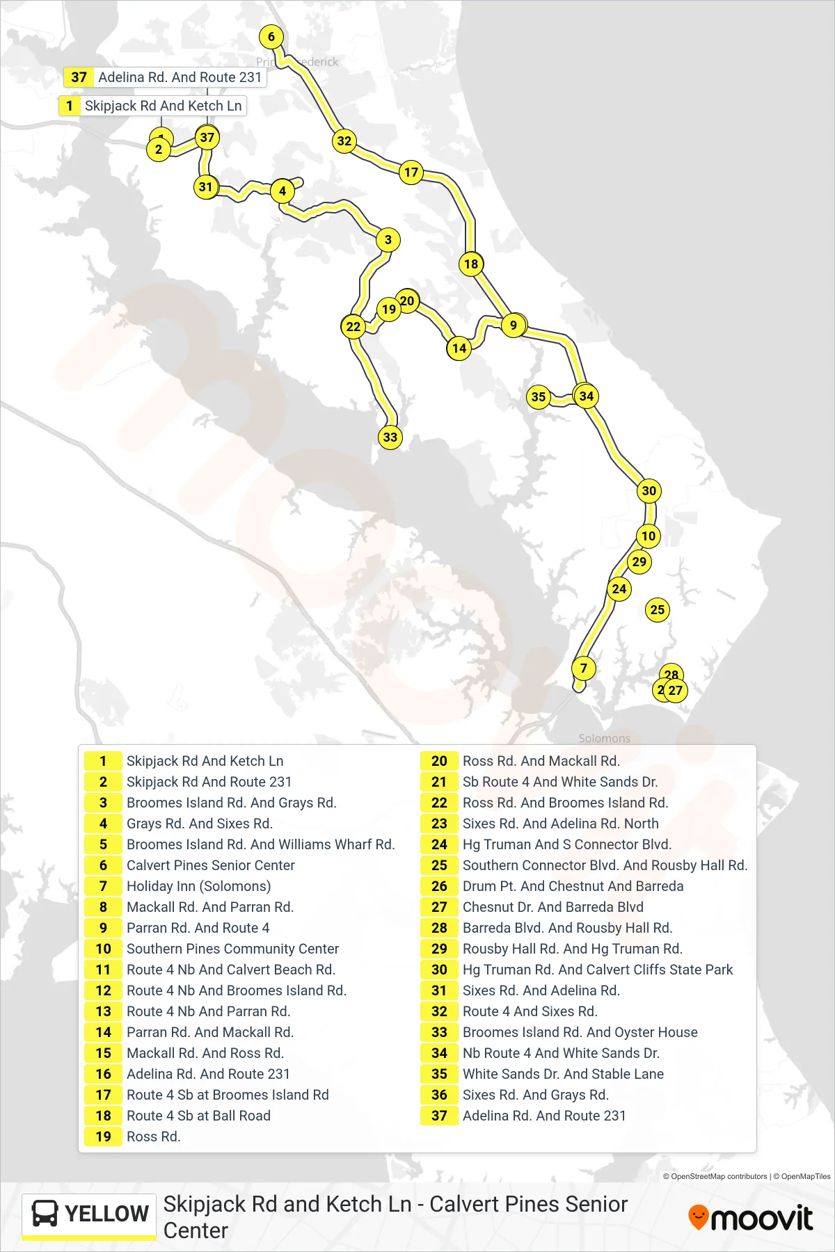 YELLOW bus Line (Loop) route and stops on a map