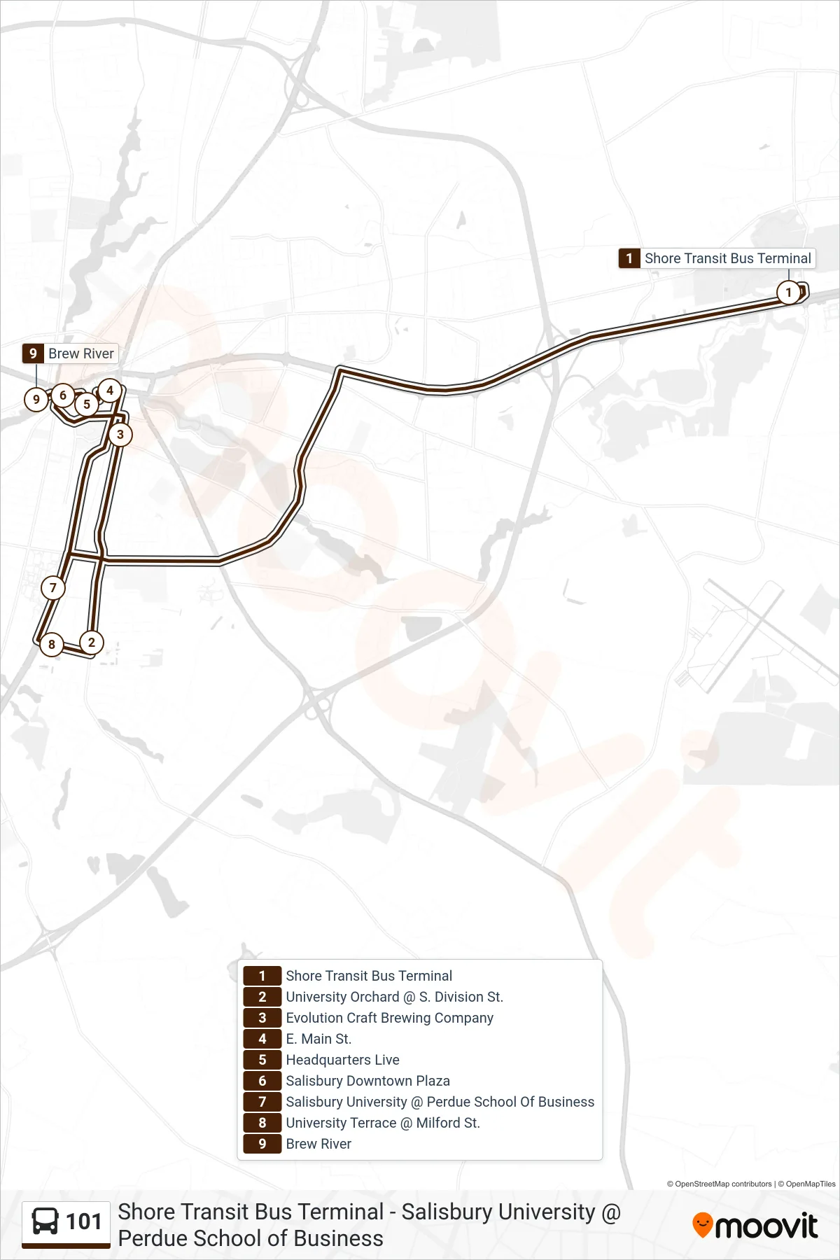 101 bus Line (Salisbury University @ Perdue School Of Business) route and stops on a map