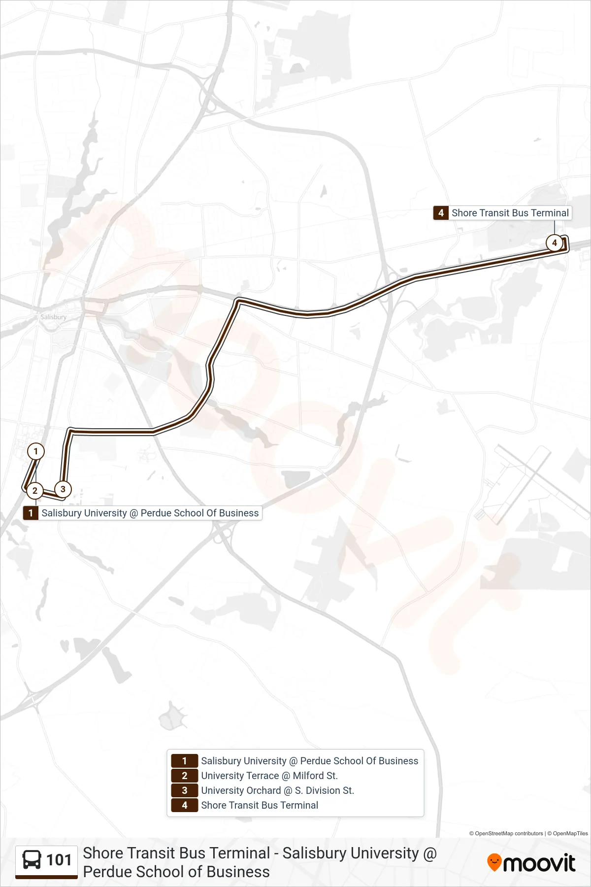 101 bus Line (Shore Transit Bus Terminal) route and stops on a map