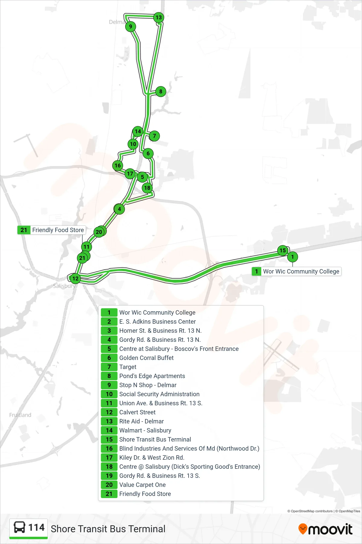 114 bus Line (Shore Transit Bus Terminal) route and stops on a map