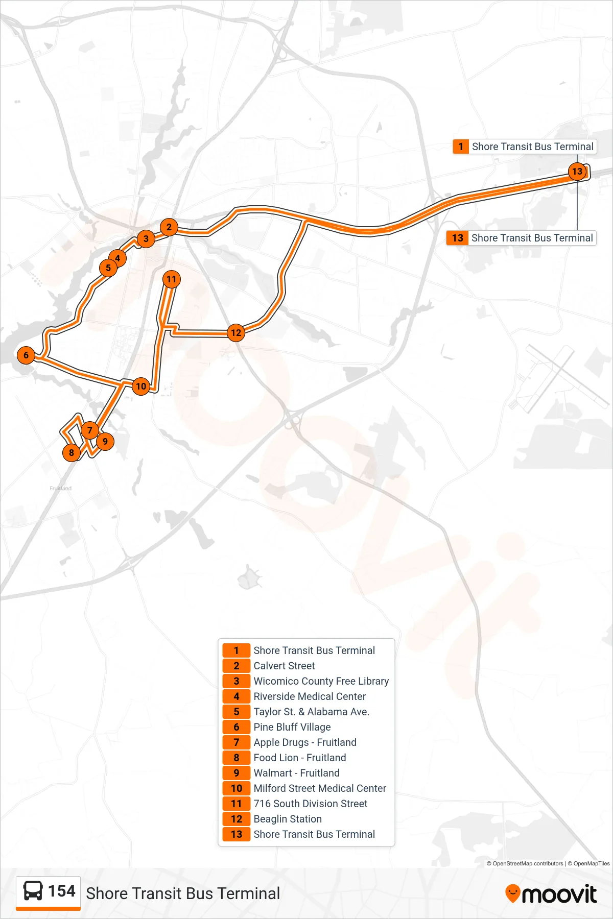 154 bus Line (Shore Transit Bus Terminal) route and stops on a map
