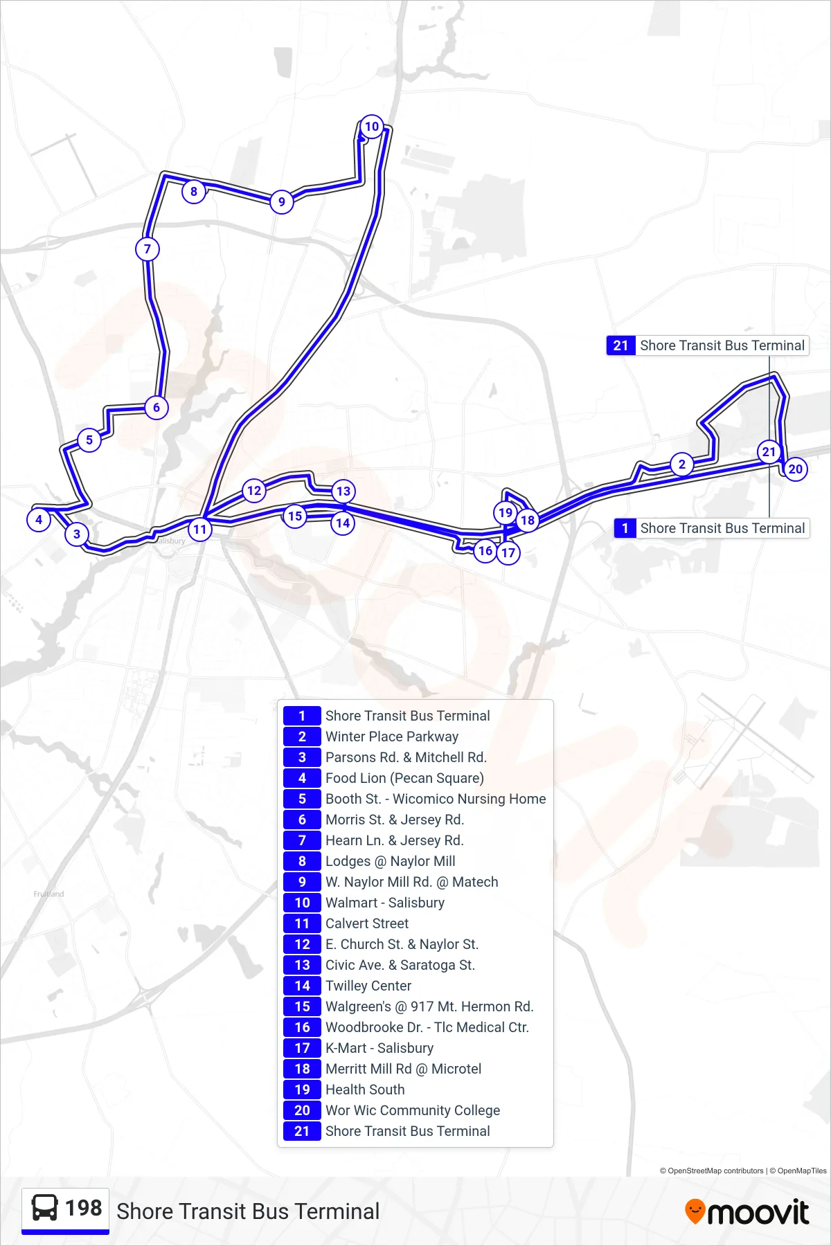 198 bus Line (Shore Transit Bus Terminal) route and stops on a map