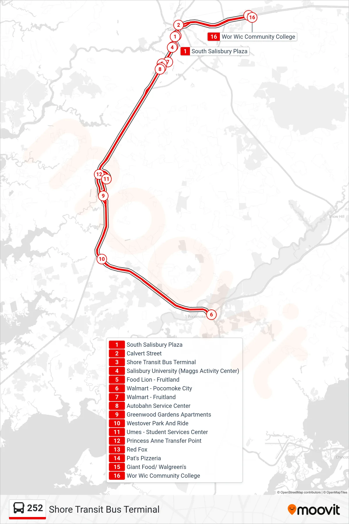 252 bus Line (Shore Transit Bus Terminal) route and stops on a map