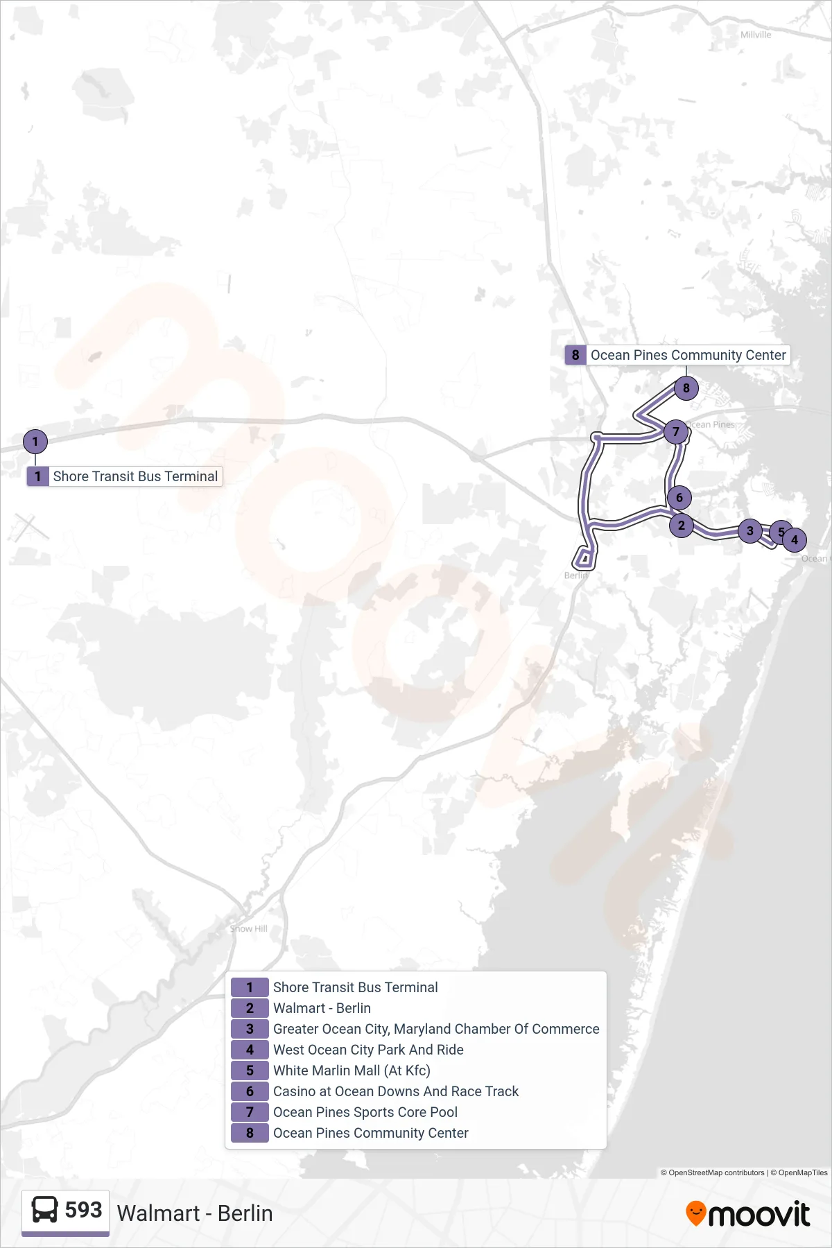 593 bus Line (Walmart - Berlin) route and stops on a map
