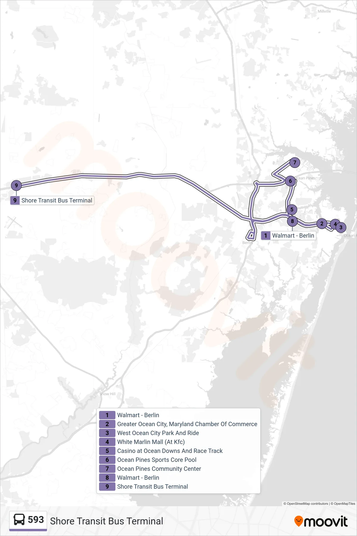 593 bus Line (Shore Transit Bus Terminal) route and stops on a map