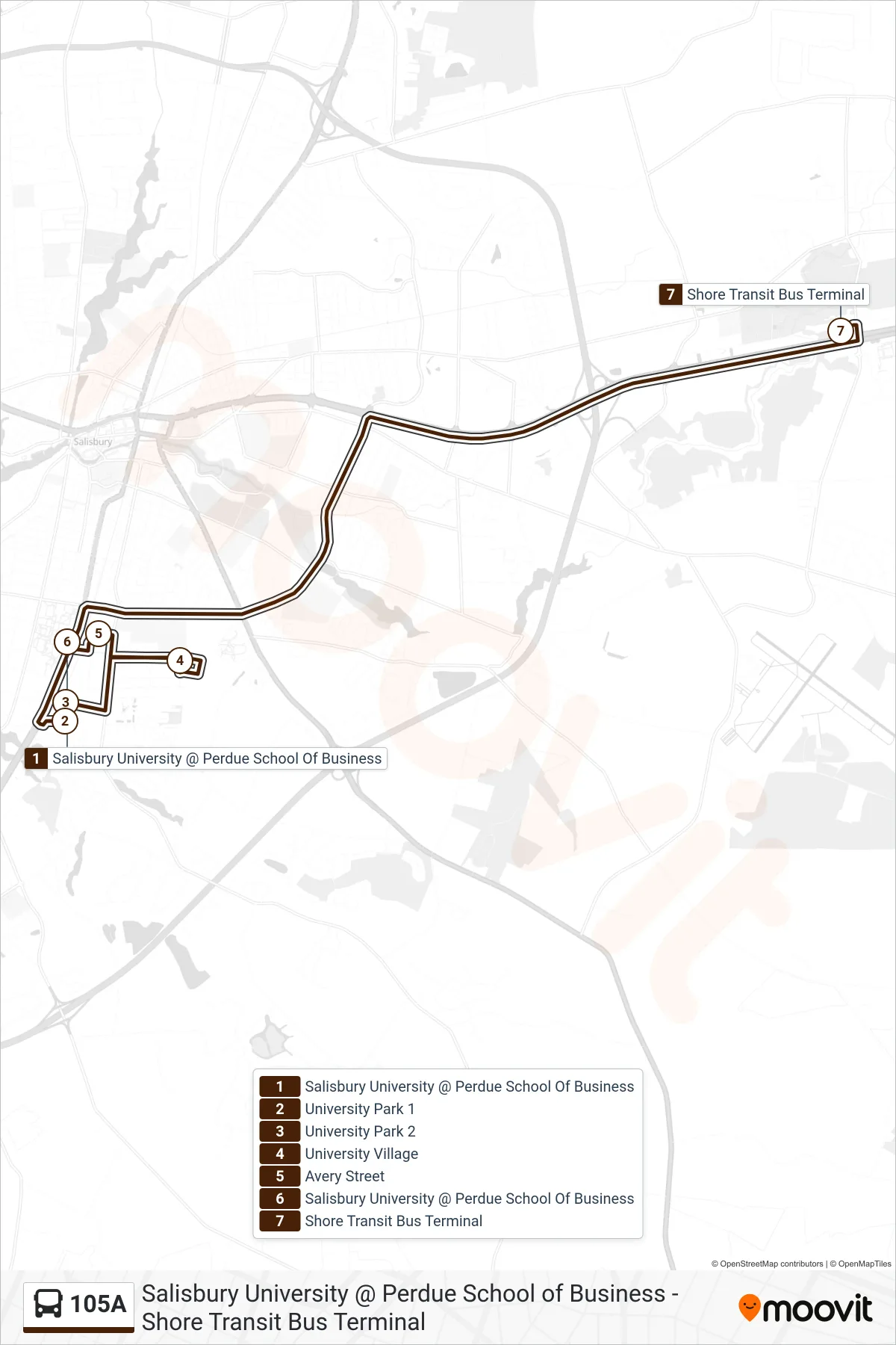 105A bus Line (Shore Transit Bus Terminal) route and stops on a map