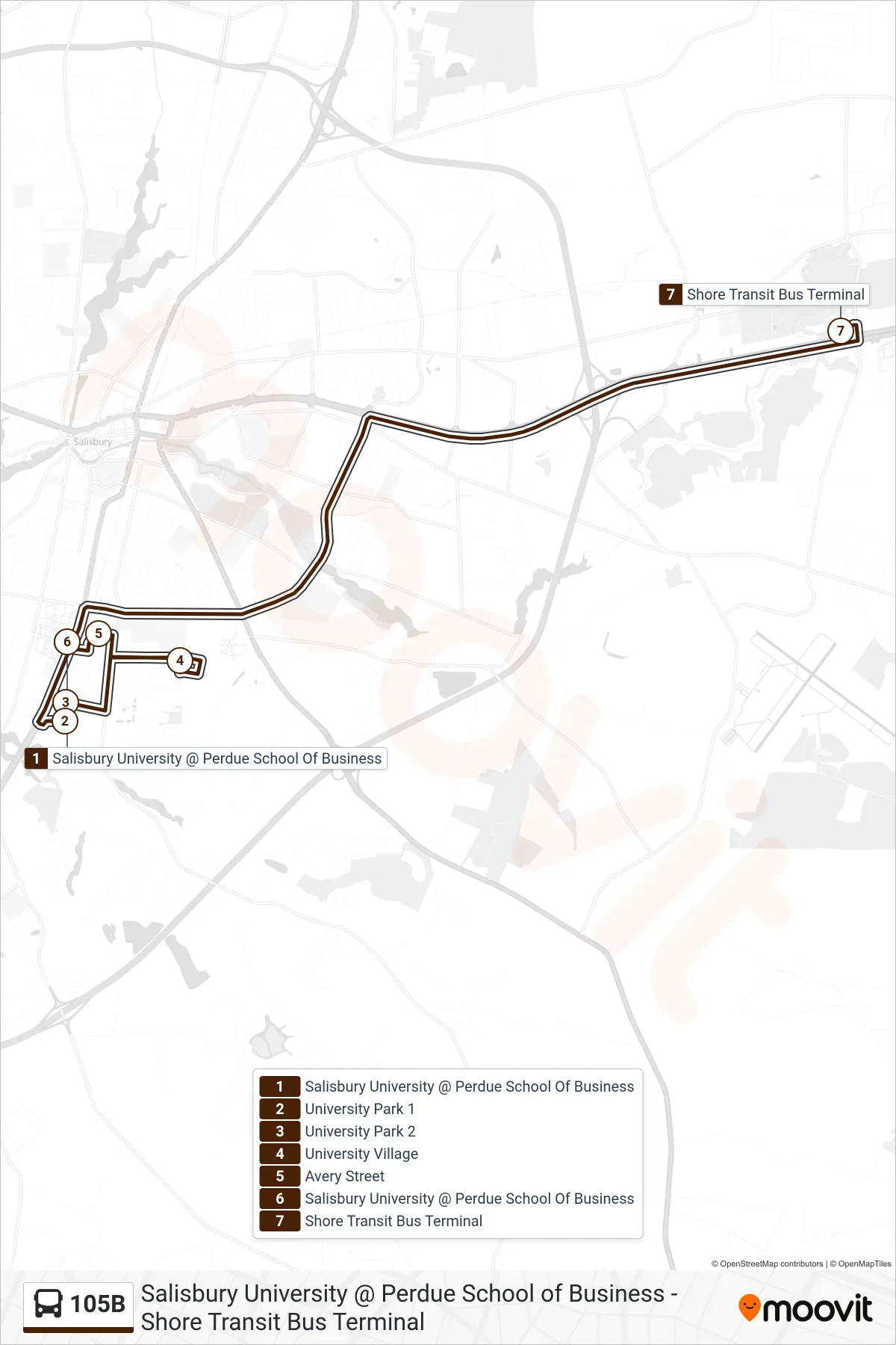 105B bus Line (Shore Transit Bus Terminal) route and stops on a map