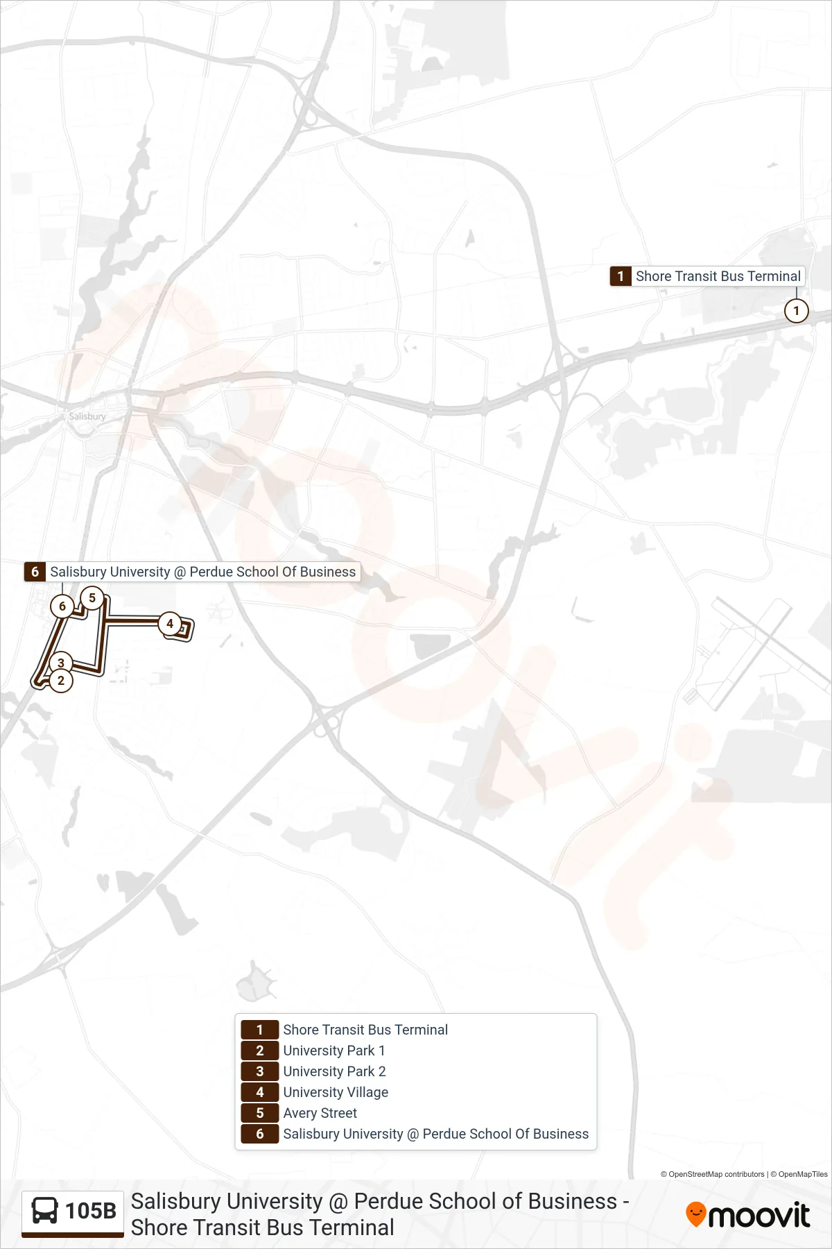 105B bus Line (Salisbury University @ Perdue School Of Business) route and stops on a map