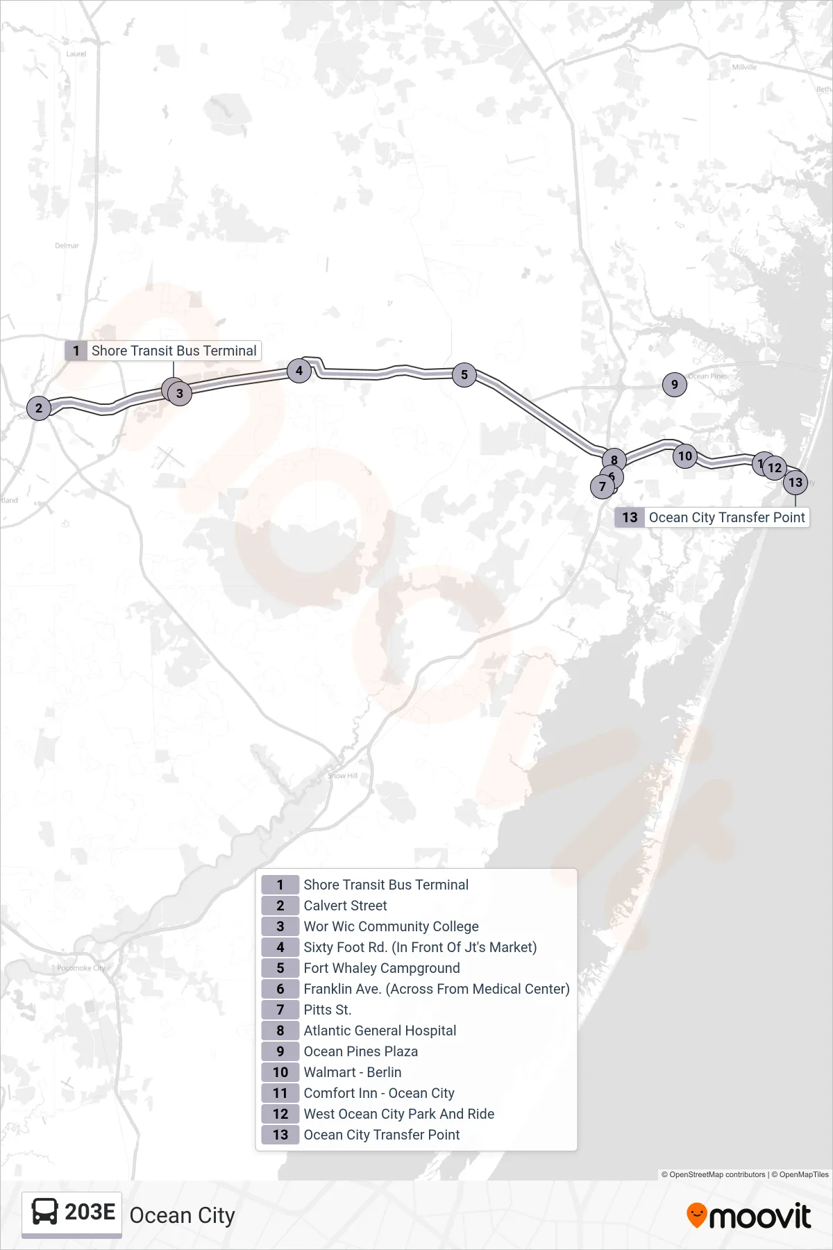 203E bus Line (Ocean City) route and stops on a map