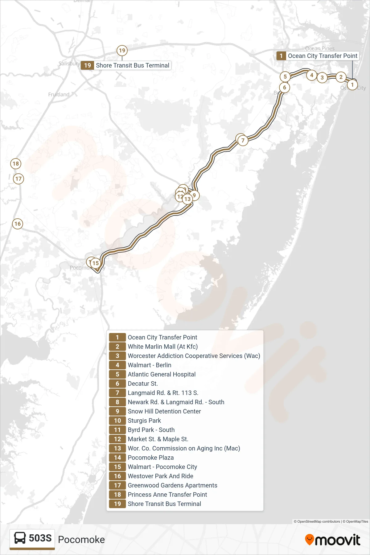 503S bus Line (Pocomoke) route and stops on a map