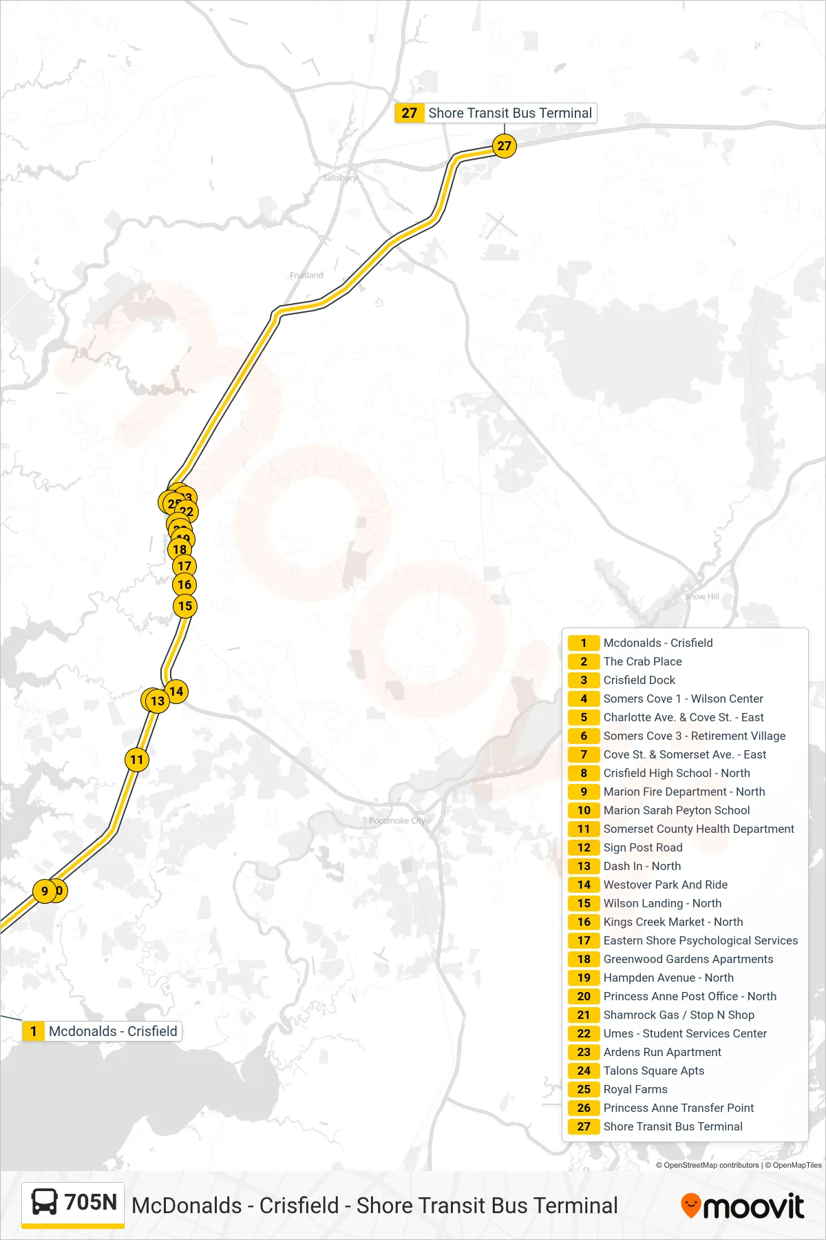 705N bus Line (Shore Transit Bus Terminal) route and stops on a map