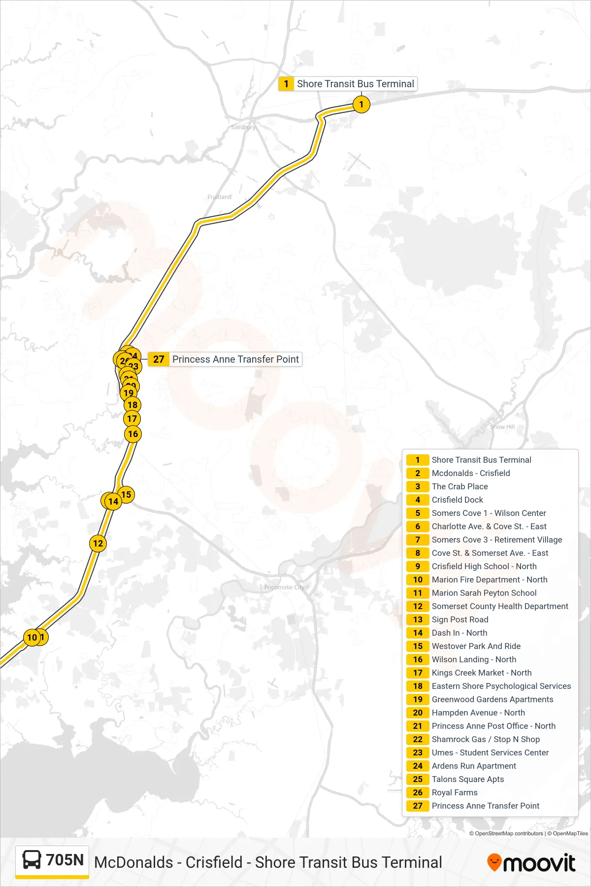 705N bus Line (Princess Anne Transfer Point) route and stops on a map
