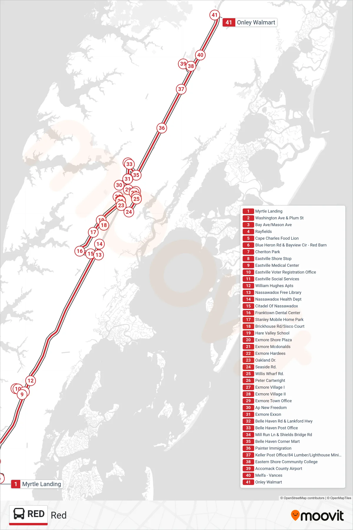 RED bus Line (Onley Walmart) route and stops on a map