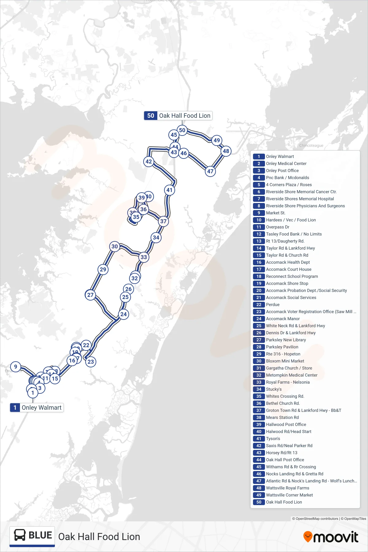 BLUE bus Line (Oak Hall Food Lion) route and stops on a map