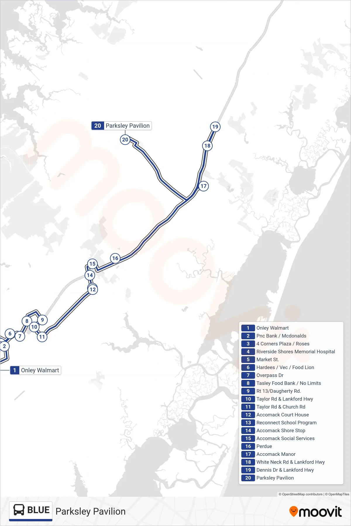 BLUE bus Line (Parksley Pavilion) route and stops on a map
