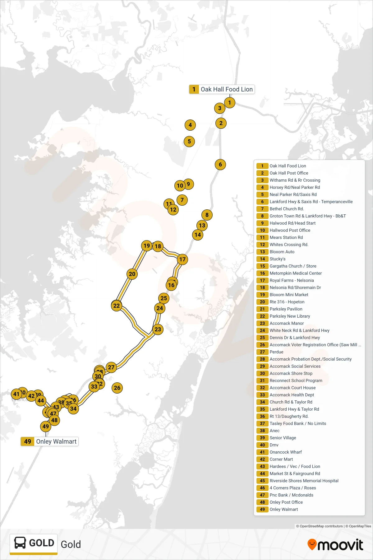 GOLD bus Line (Onley Walmart) route and stops on a map
