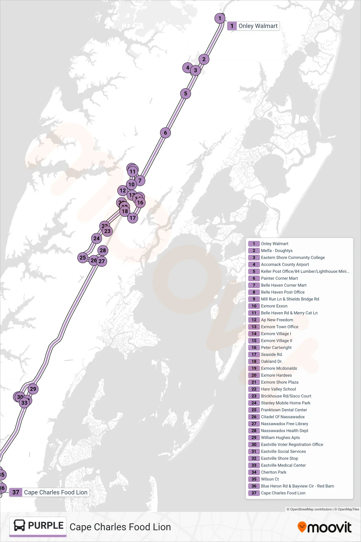 PURPLE bus Line (Cape Charles Food Lion) route and stops on a map