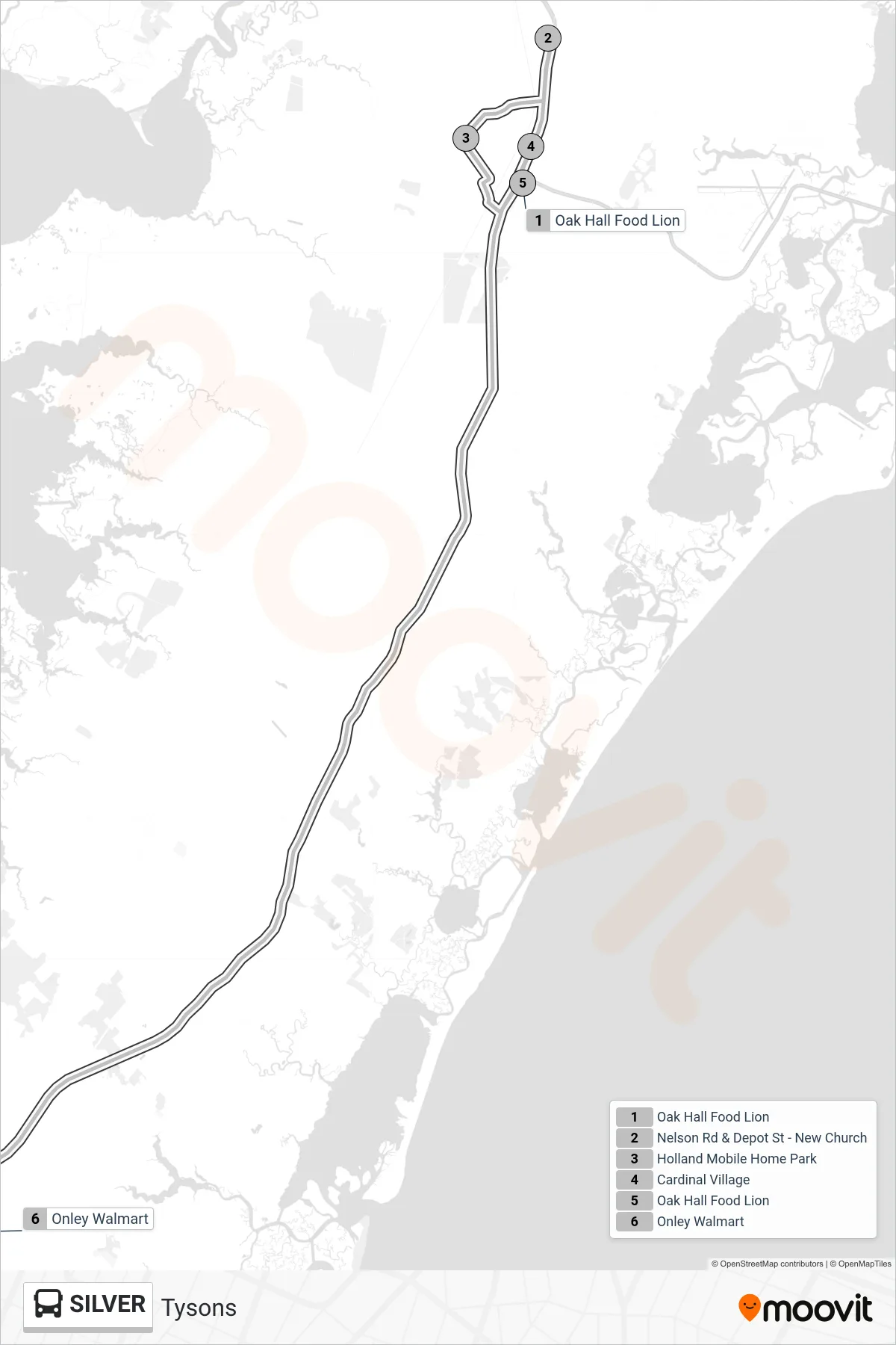 SILVER bus Line (Tysons) route and stops on a map
