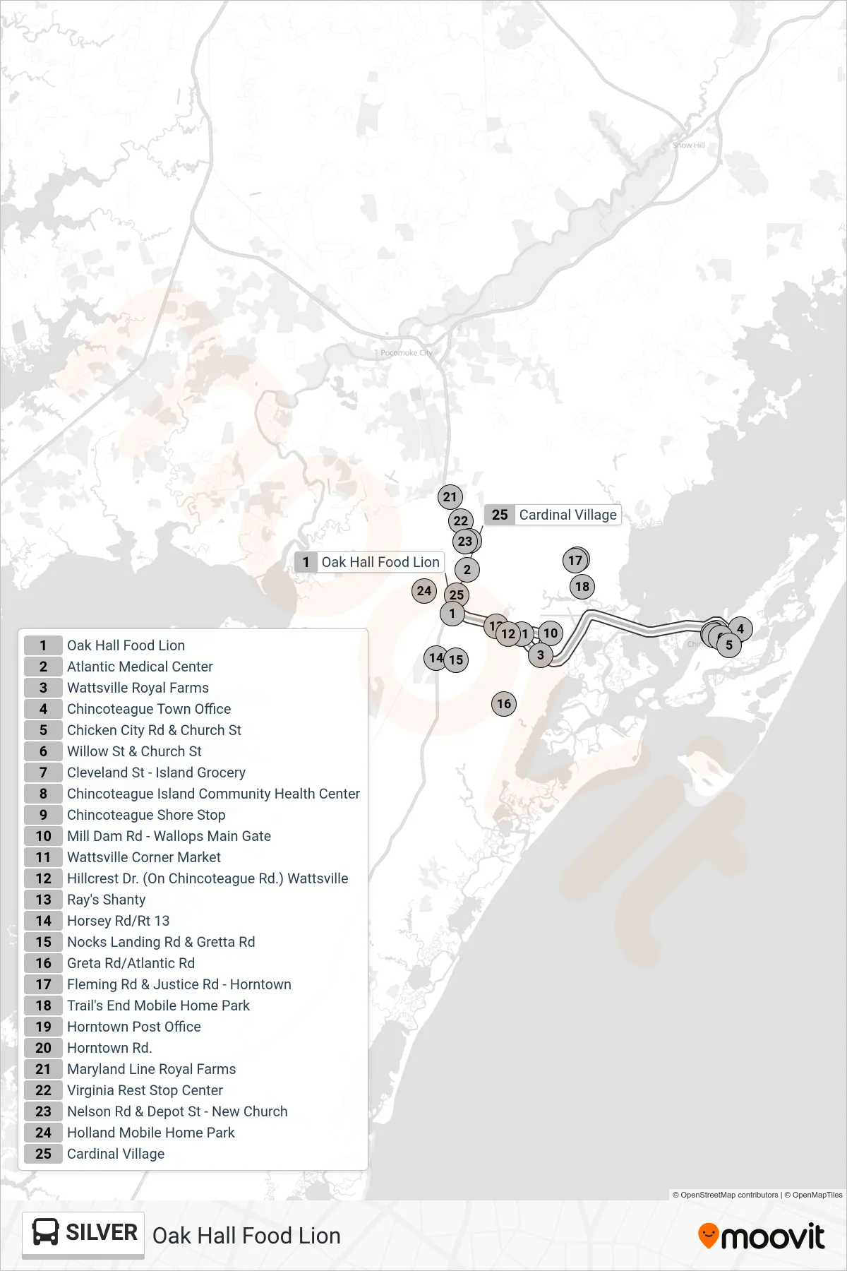 SILVER bus Line (Oak Hall Food Lion) route and stops on a map