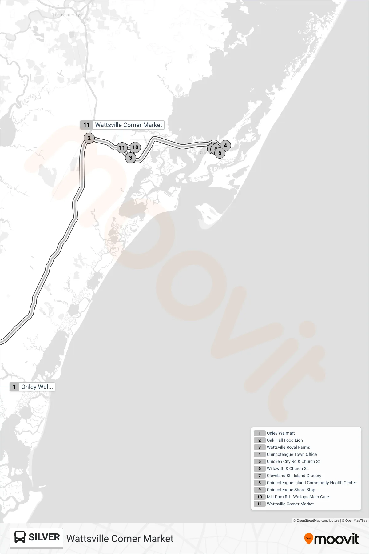 SILVER bus Line (Wattsville Corner Market) route and stops on a map