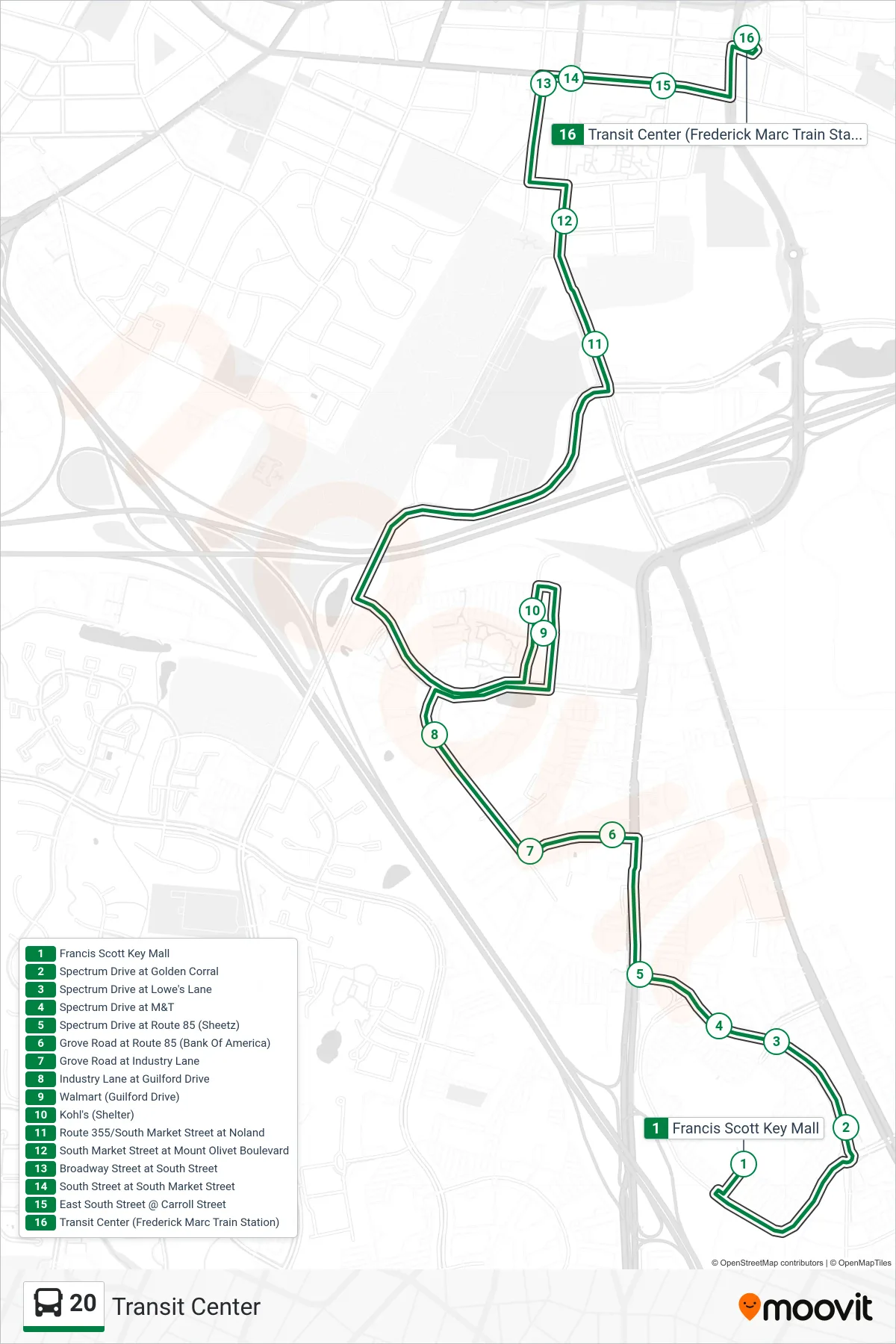 20 bus Line (Transit Center) route and stops on a map