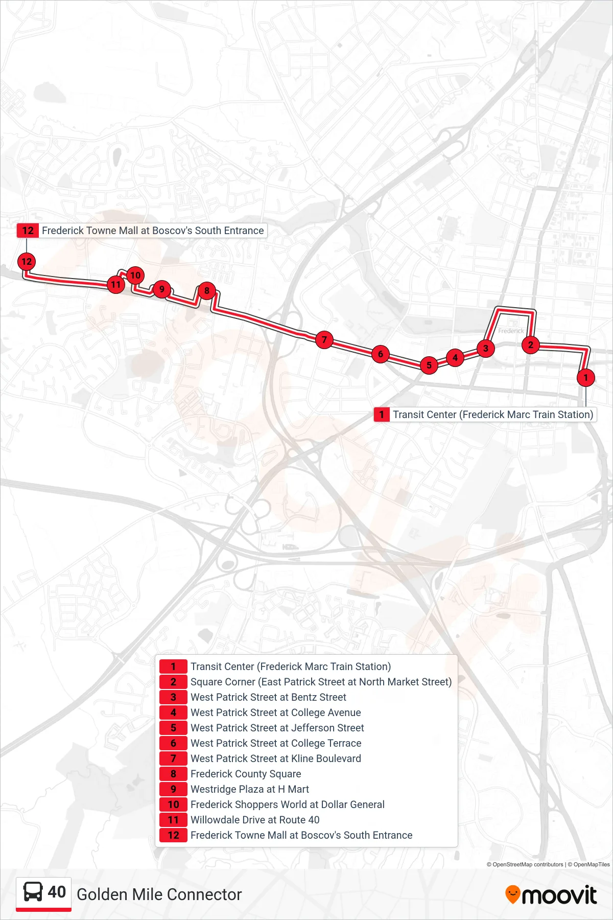 40 bus Line (Frederick Towne Mall) route and stops on a map