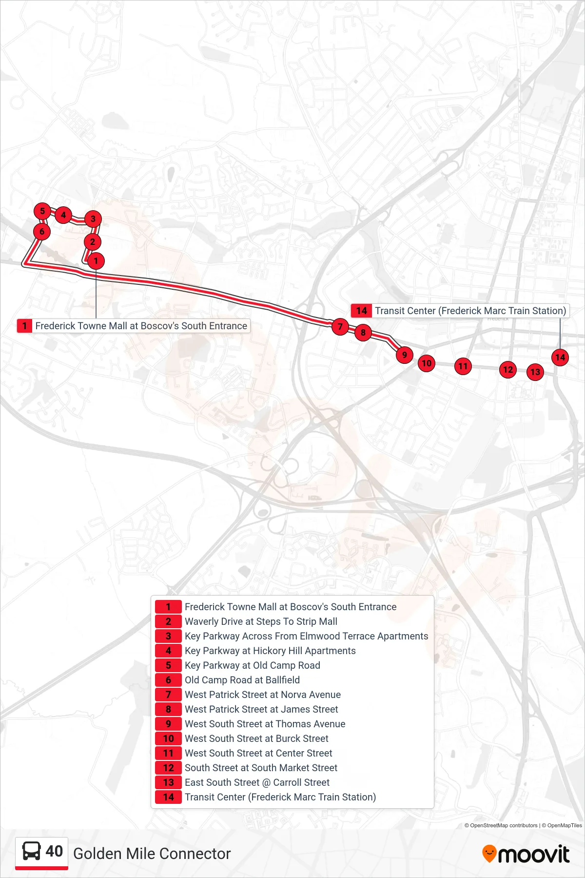 40 bus Line (Transit Center) route and stops on a map