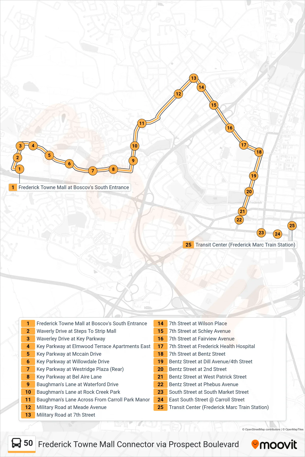 50 bus Line (Transit Center) route and stops on a map