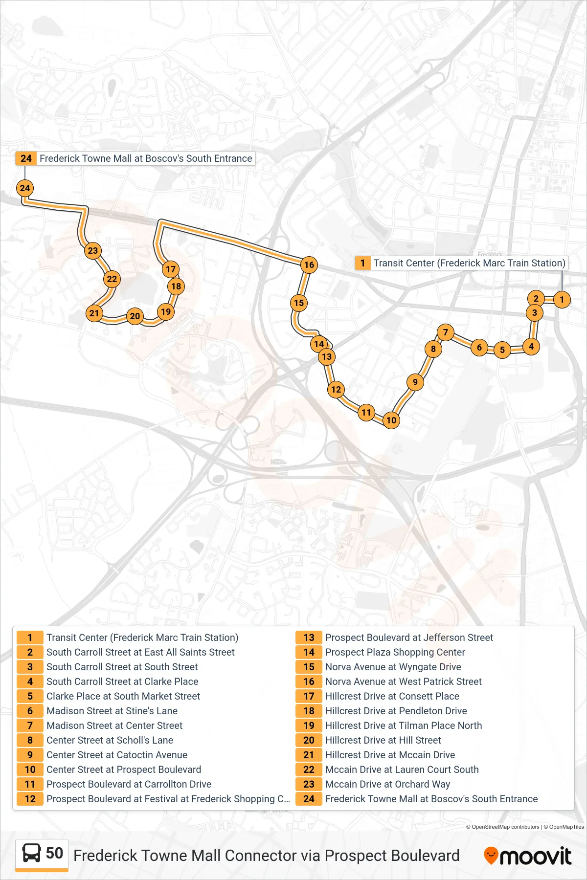 50 bus Line (Frederick Towne Mall Via Prospect Blvd) route and stops on a map