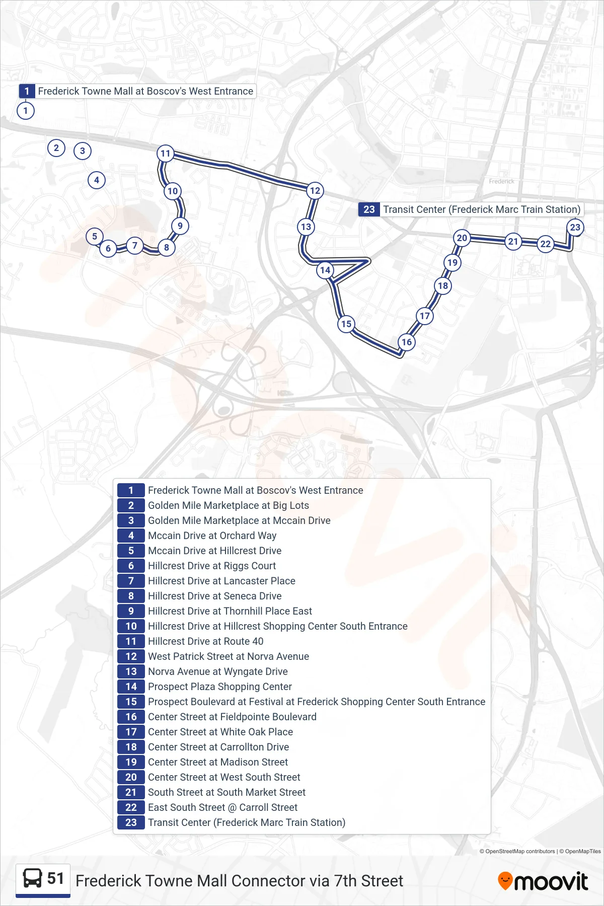 51 bus Line (Transit Center) route and stops on a map