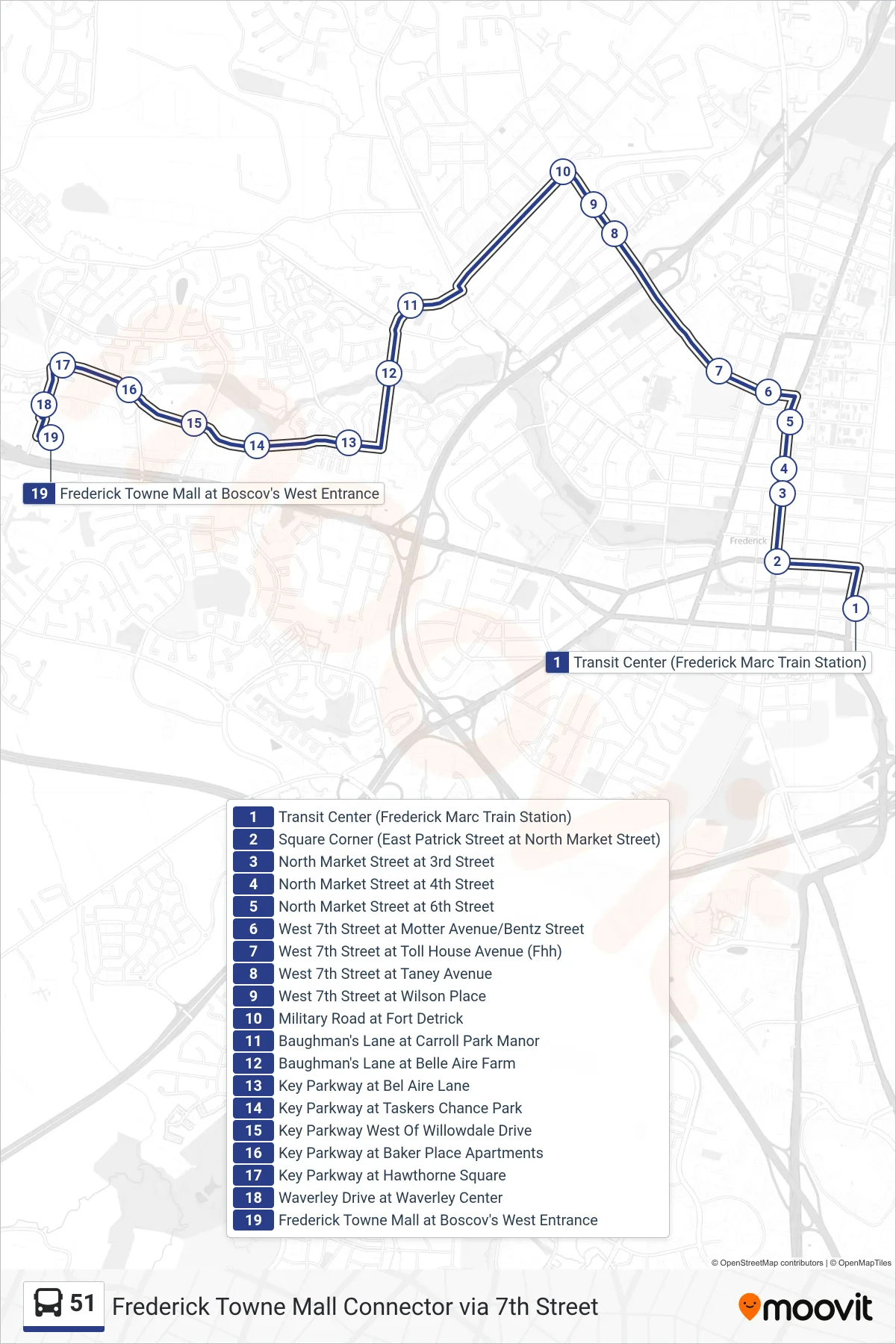 51 bus Line (Frederick Towne Mall Via 7th Street) route and stops on a map