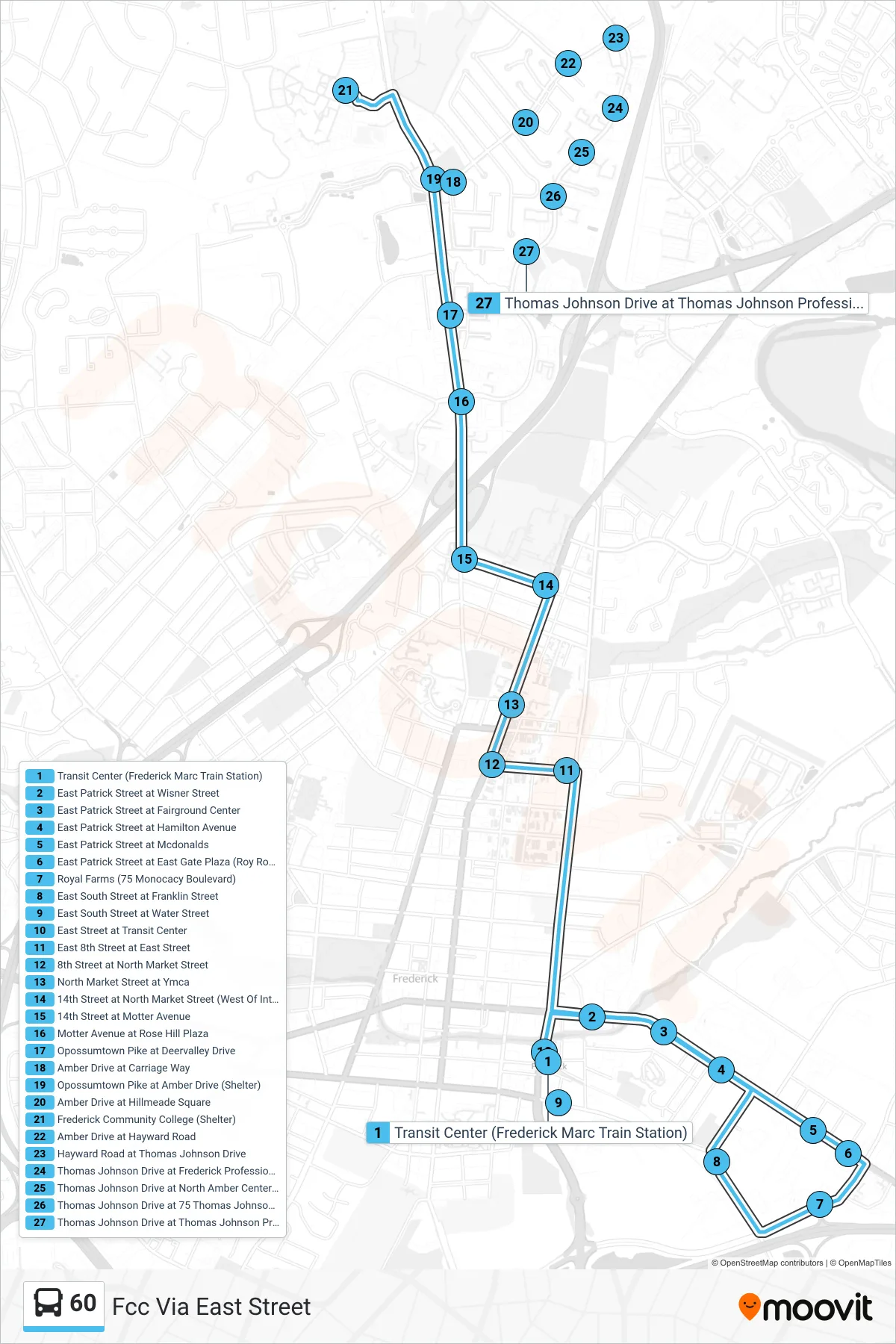 60 bus Line (Fcc Via East Street) route and stops on a map